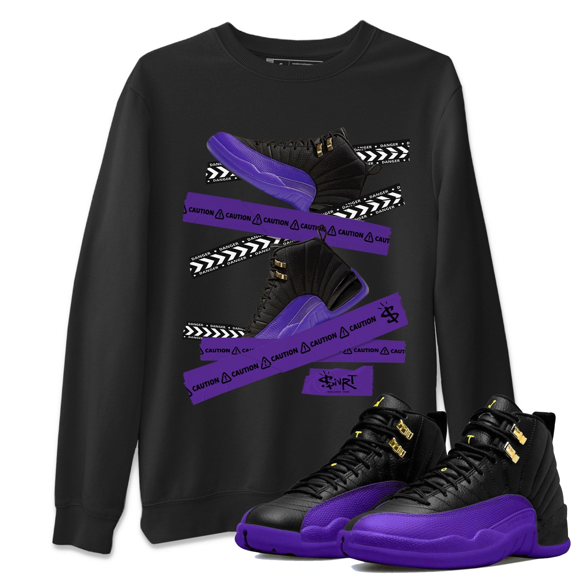 AJ12 Field Purple Sneaker Match Tees Caution Tape Streetwear Sneaker Shirt Air Jordan 12 Field Purple Drip Gear Zone Sneaker Matching Clothing Unisex Shirts Black 1