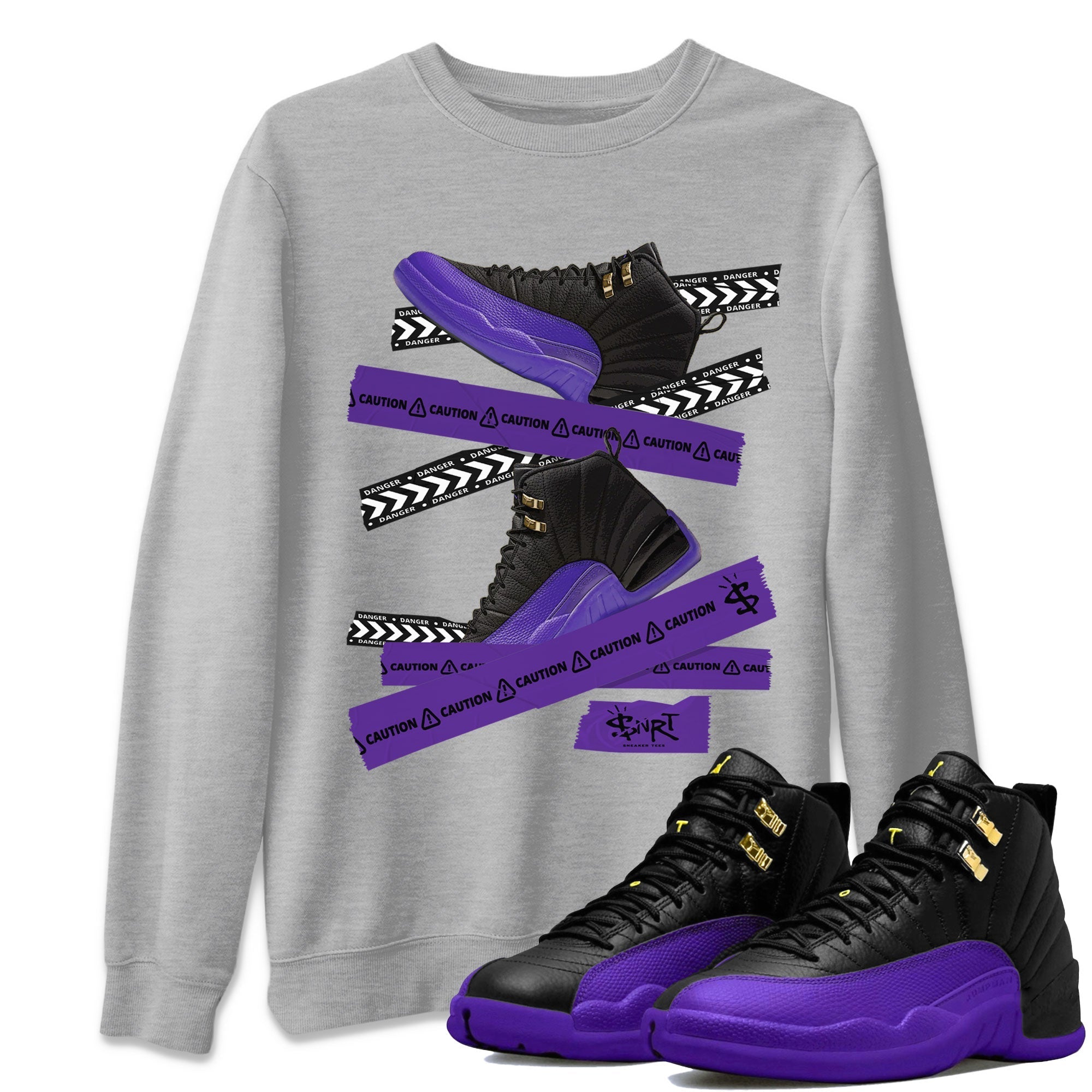 AJ12 Field Purple Sneaker Match Tees Caution Tape Streetwear Sneaker Shirt Air Jordan 12 Field Purple Drip Gear Zone Sneaker Matching Clothing Unisex Shirts Heather Grey 1