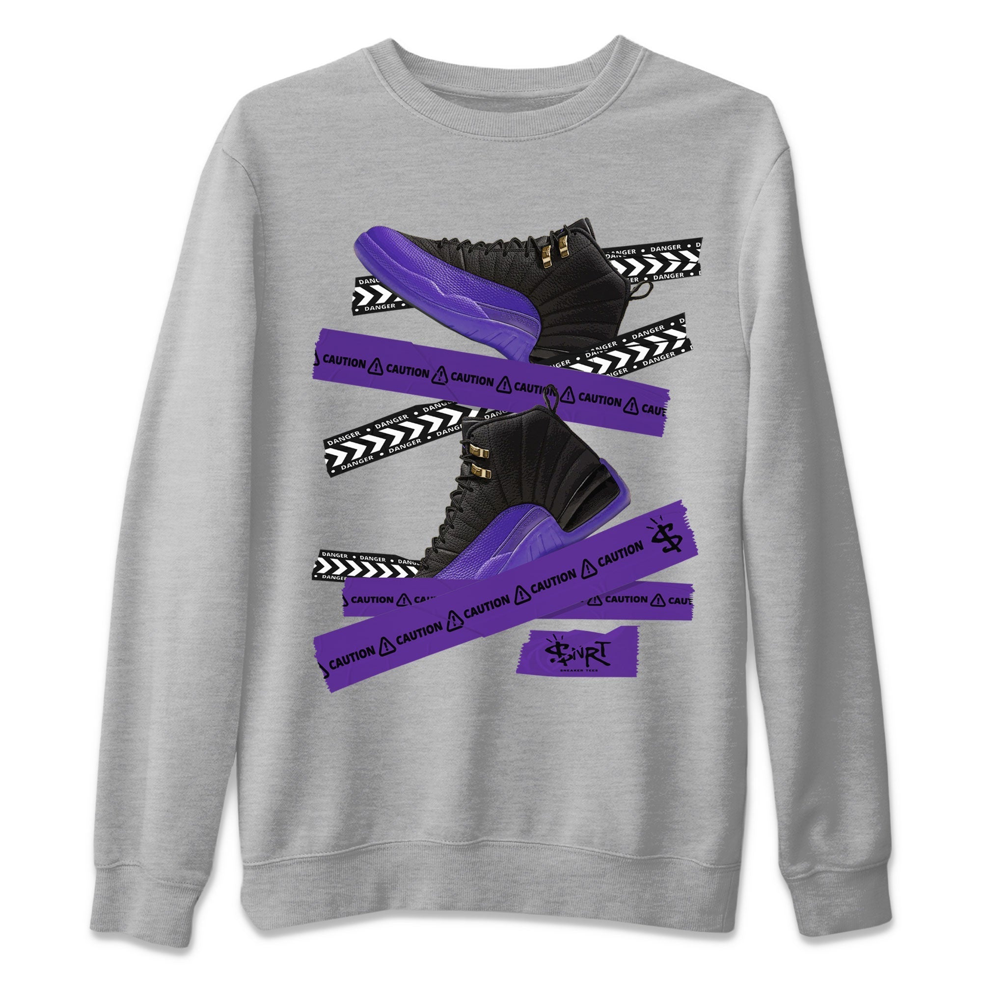 AJ12 Field Purple Sneaker Match Tees Caution Tape Streetwear Sneaker Shirt Air Jordan 12 Field Purple Drip Gear Zone Sneaker Matching Clothing Unisex Shirts Heather Grey 2