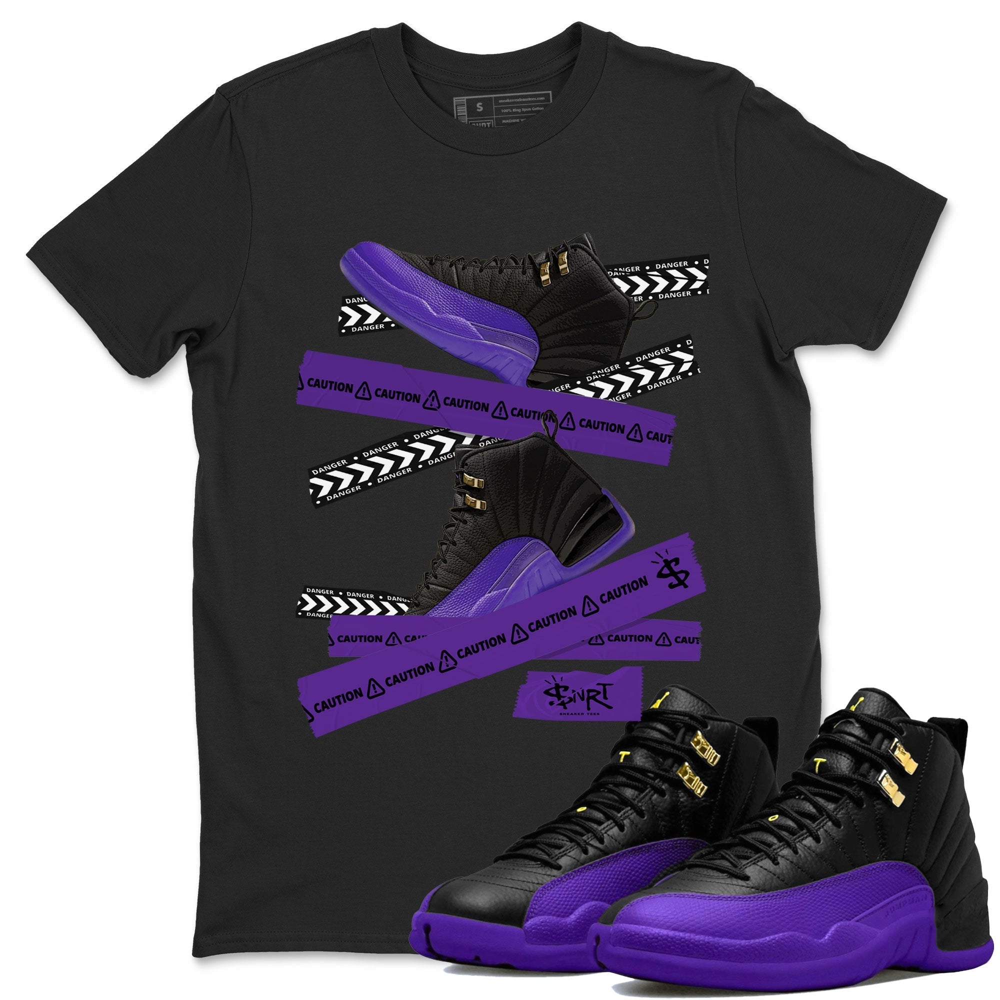 AJ12 Field Purple Sneaker Match Tees Caution Tape Streetwear Sneaker Shirt Air Jordan 12 Field Purple Drip Gear Zone Sneaker Matching Clothing Unisex Shirts Black 1