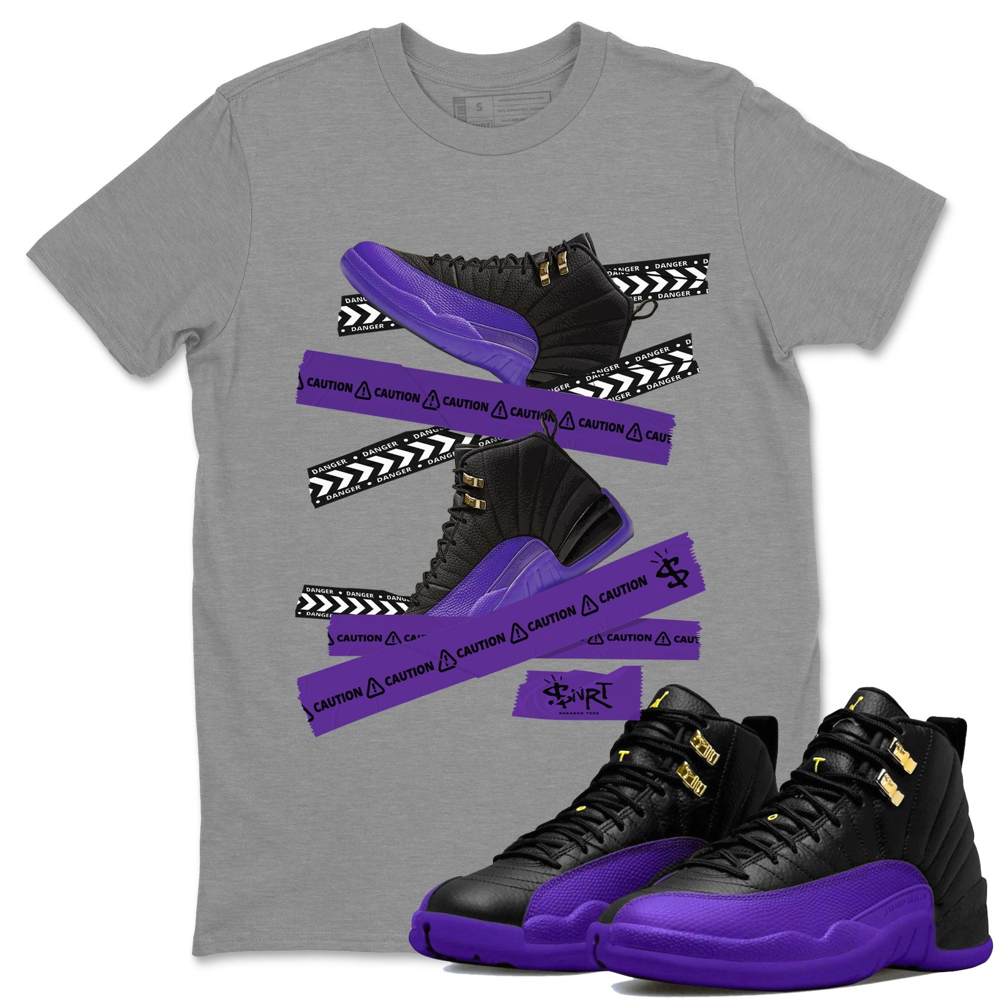 AJ12 Field Purple Sneaker Match Tees Caution Tape Streetwear Sneaker Shirt Air Jordan 12 Field Purple Drip Gear Zone Sneaker Matching Clothing Unisex Shirts Heather Grey 1