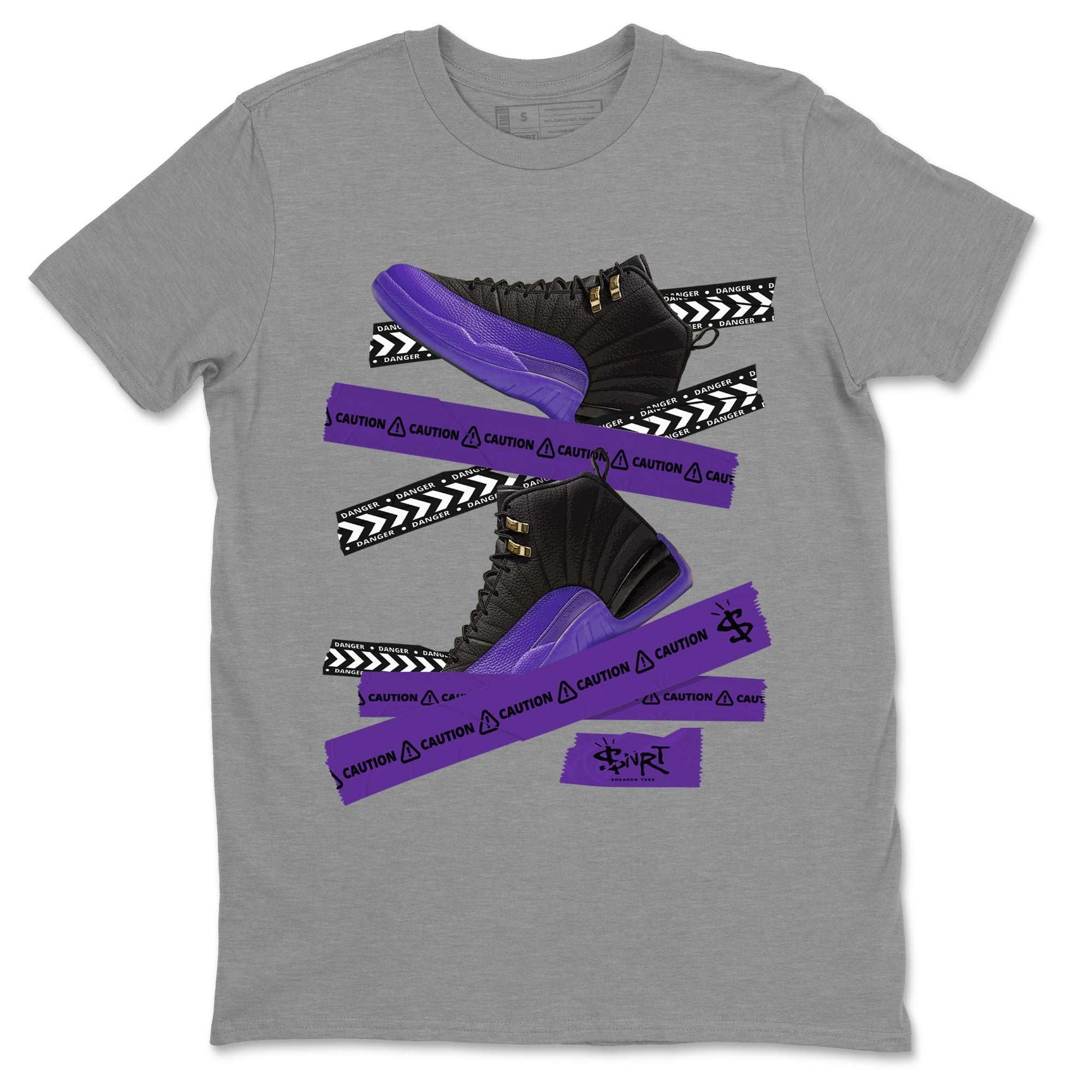 AJ12 Field Purple Sneaker Match Tees Caution Tape Streetwear Sneaker Shirt Air Jordan 12 Field Purple Drip Gear Zone Sneaker Matching Clothing Unisex Shirts Heather Grey 2