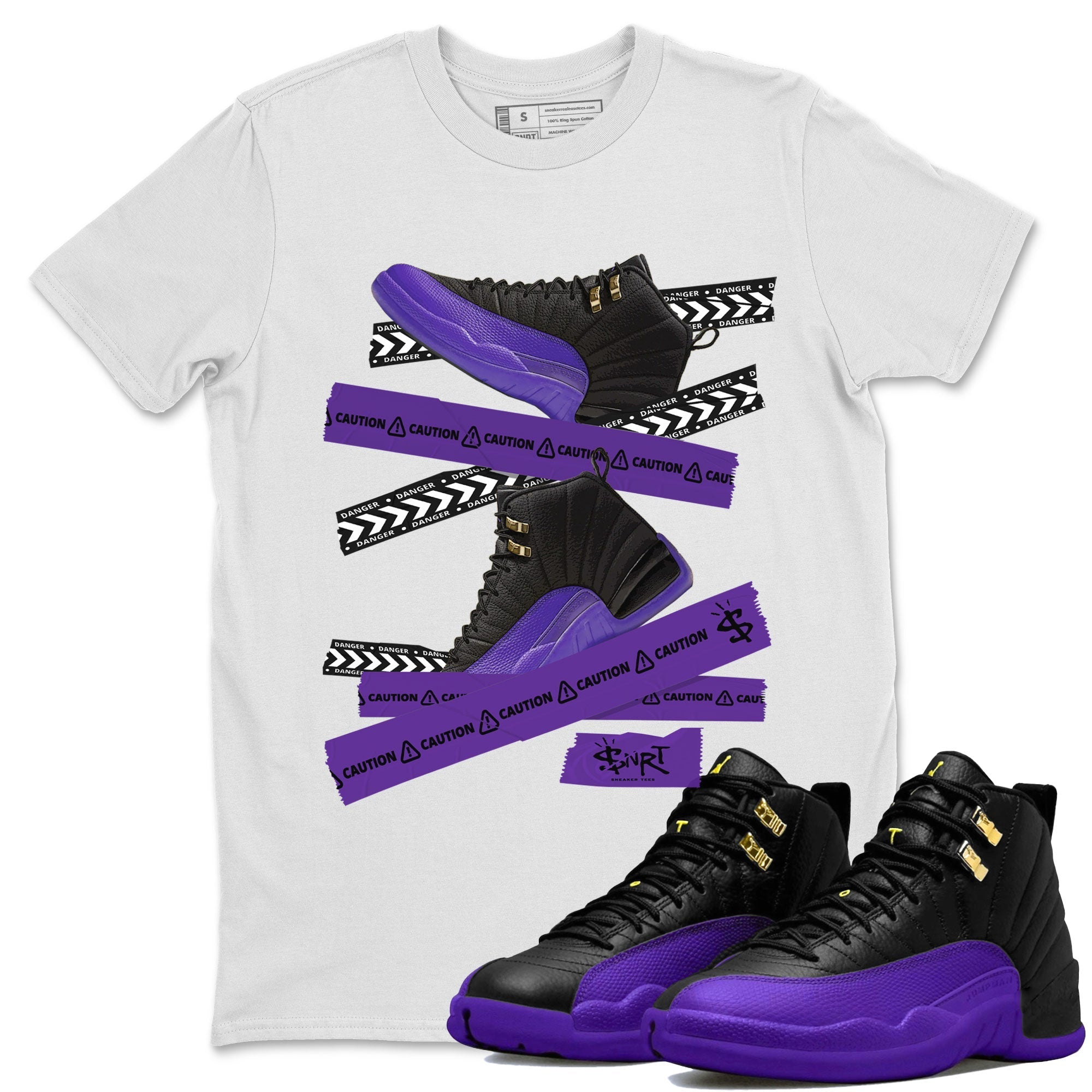 AJ12 Field Purple Sneaker Match Tees Caution Tape Streetwear Sneaker Shirt Air Jordan 12 Field Purple Drip Gear Zone Sneaker Matching Clothing Unisex Shirts White 1