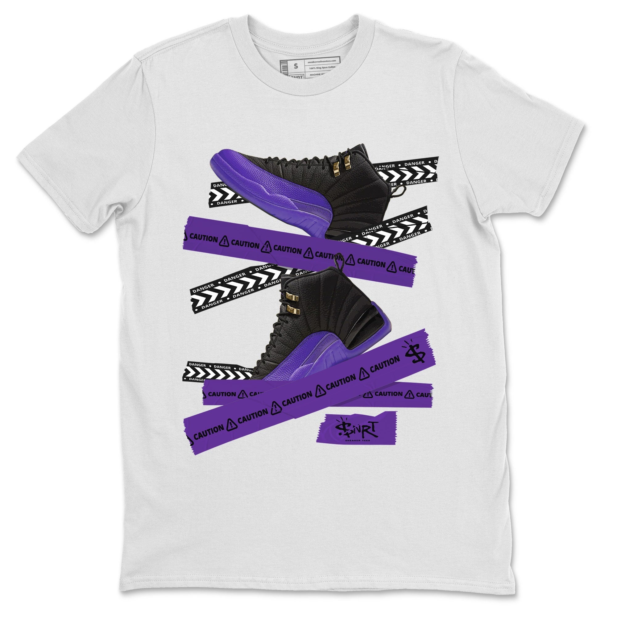 AJ12 Field Purple Sneaker Match Tees Caution Tape Streetwear Sneaker Shirt Air Jordan 12 Field Purple Drip Gear Zone Sneaker Matching Clothing Unisex Shirts White 2
