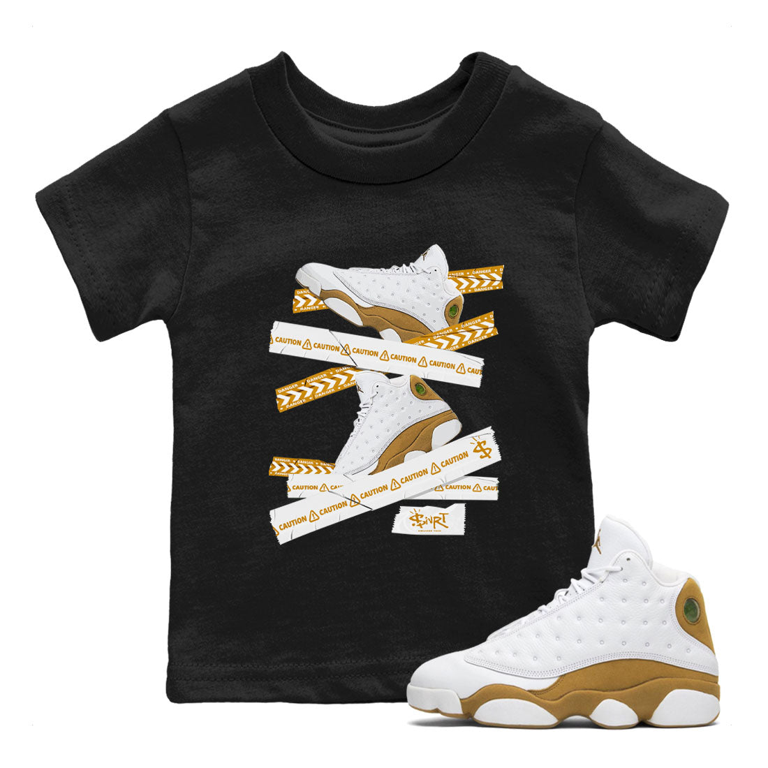 Air Jordan 13 Wheat shirt to match jordans Caution Tape Streetwear Sneaker Shirt 13 Wheat Drip Gear Zone Sneaker Matching Clothing Baby Toddler Black 1 T-Shirt