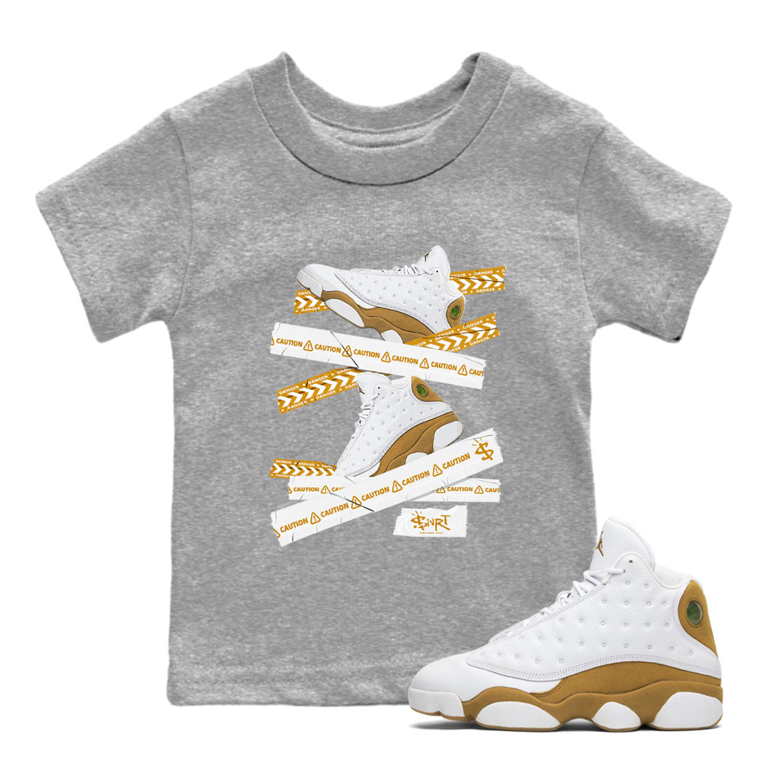 Air Jordan 13 Wheat shirt to match jordans Caution Tape Streetwear Sneaker Shirt 13 Wheat Drip Gear Zone Sneaker Matching Clothing Baby Toddler Heather Grey 1 T-Shirt