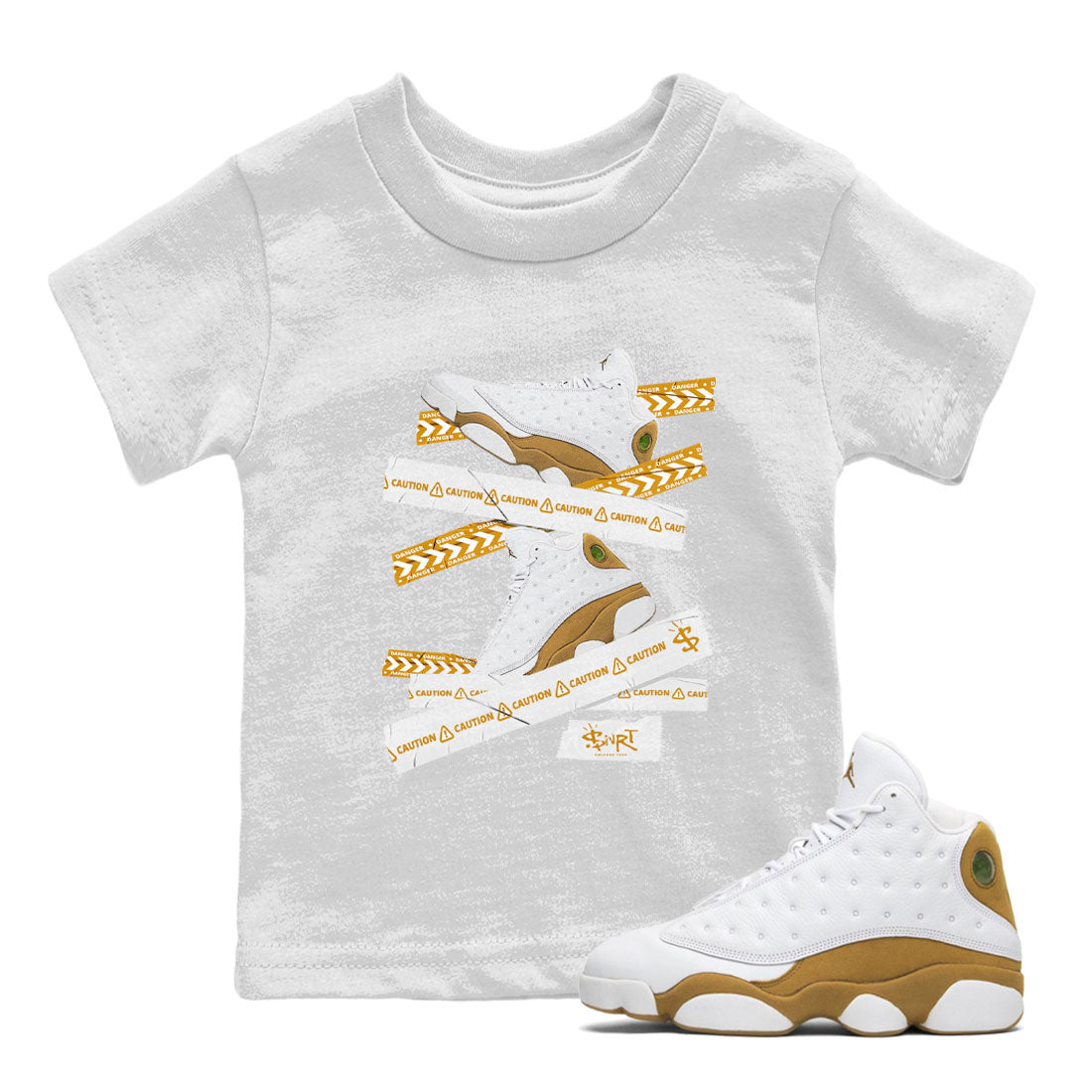 Air Jordan 13 Wheat shirt to match jordans Caution Tape Streetwear Sneaker Shirt 13 Wheat Drip Gear Zone Sneaker Matching Clothing Baby Toddler White 1 T-Shirt
