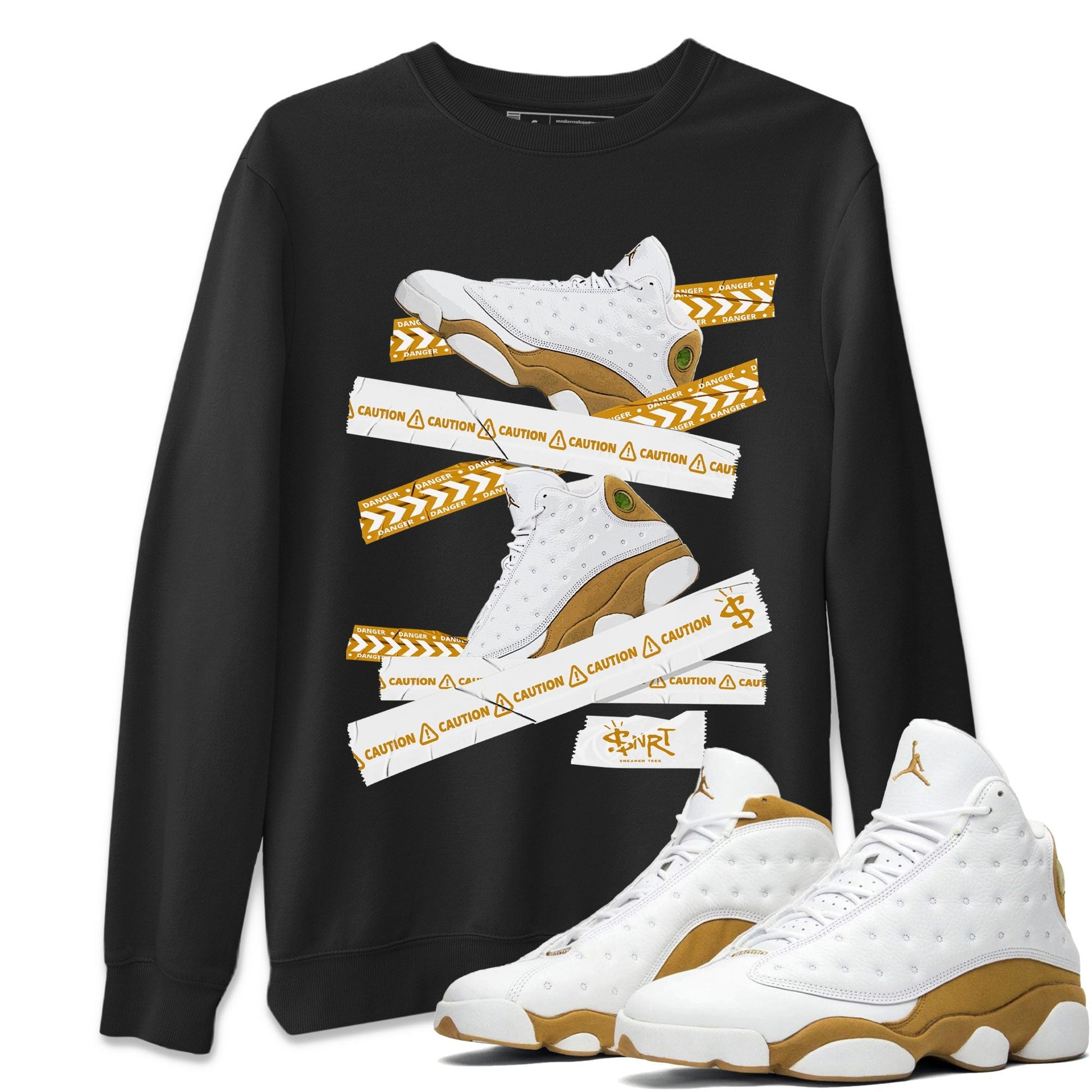 Air Jordan 13 Wheat shirt to match jordans Caution Tape Streetwear Sneaker Shirt 13 Wheat Drip Gear Zone Sneaker Matching Clothing Unisex Black 1 T-Shirt