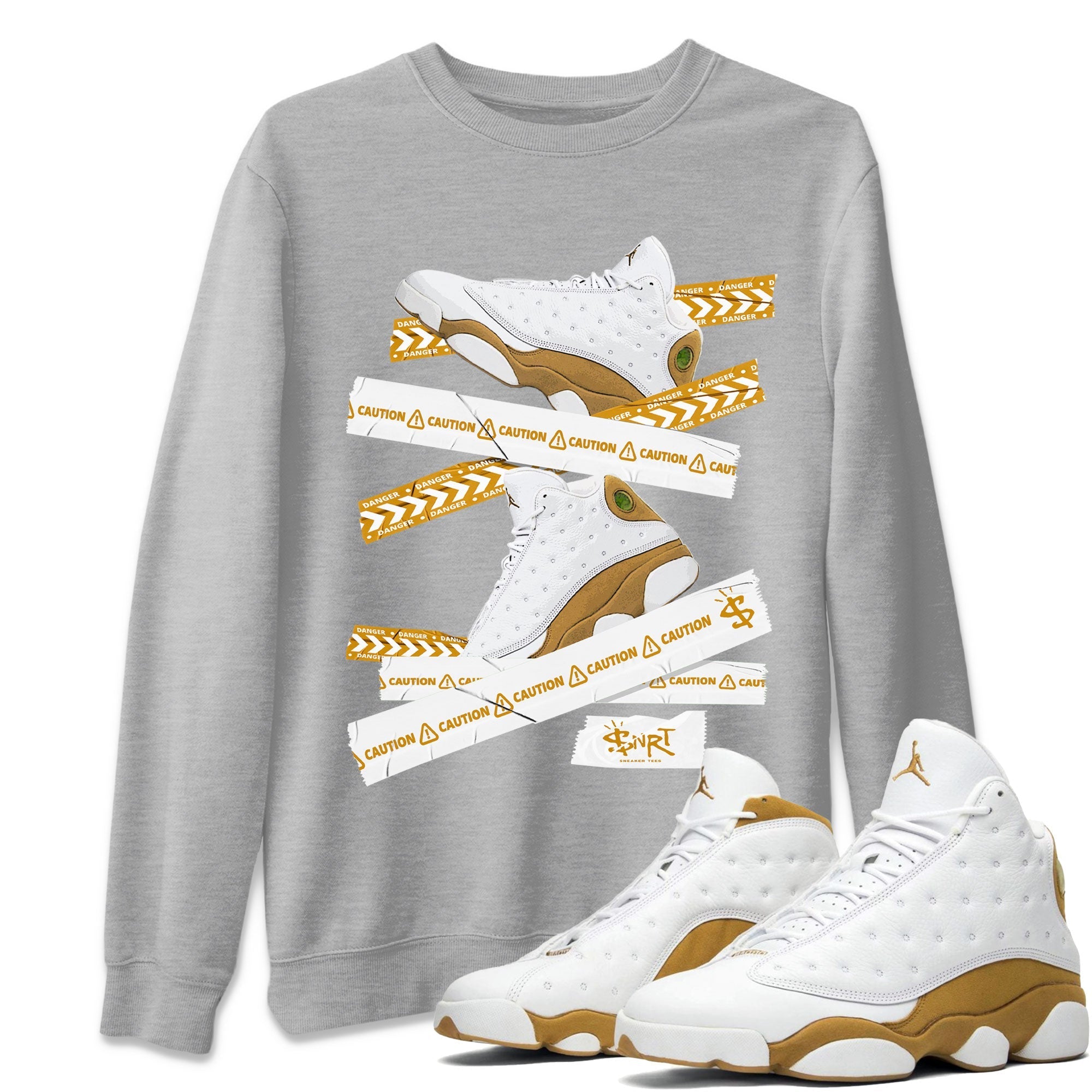 Air Jordan 13 Wheat shirt to match jordans Caution Tape Streetwear Sneaker Shirt 13 Wheat Drip Gear Zone Sneaker Matching Clothing Unisex Heather Grey 1 T-Shirt