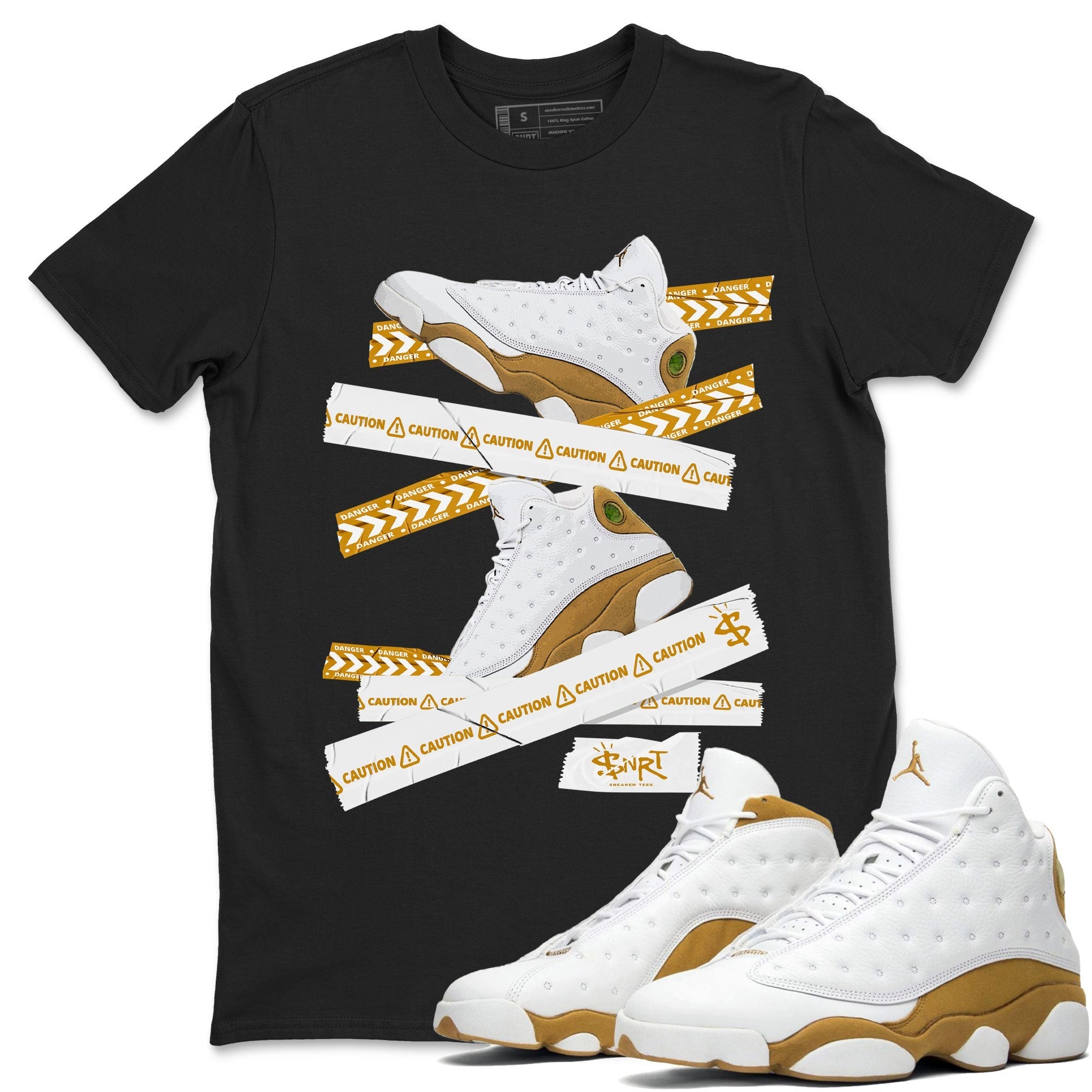 Air Jordan 13 Wheat shirt to match jordans Caution Tape Streetwear Sneaker Shirt 13 Wheat Drip Gear Zone Sneaker Matching Clothing Unisex Black 1 T-Shirt