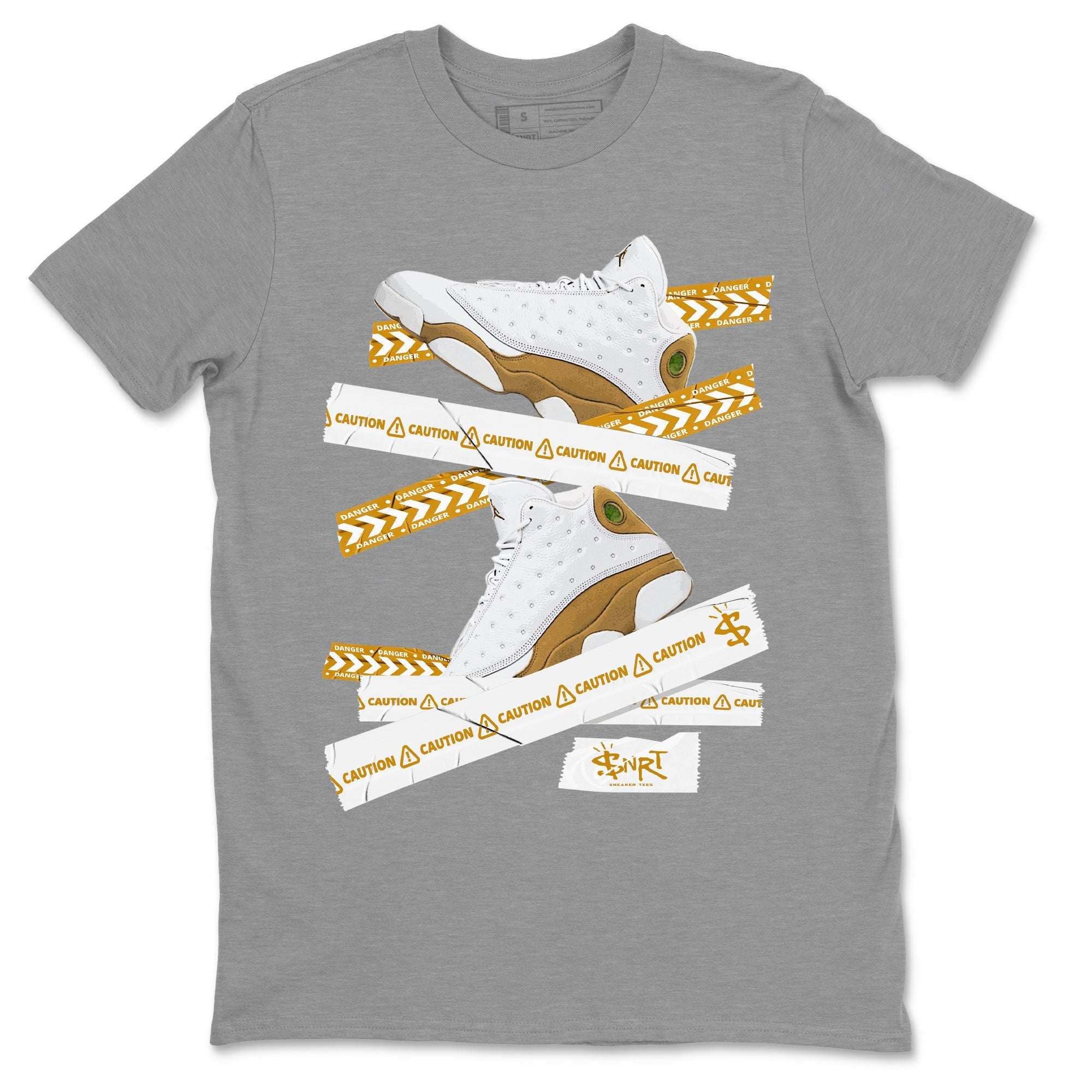 Air Jordan 13 Wheat shirt to match jordans Caution Tape Streetwear Sneaker Shirt 13 Wheat Drip Gear Zone Sneaker Matching Clothing Unisex Heather Grey 2 T-Shirt