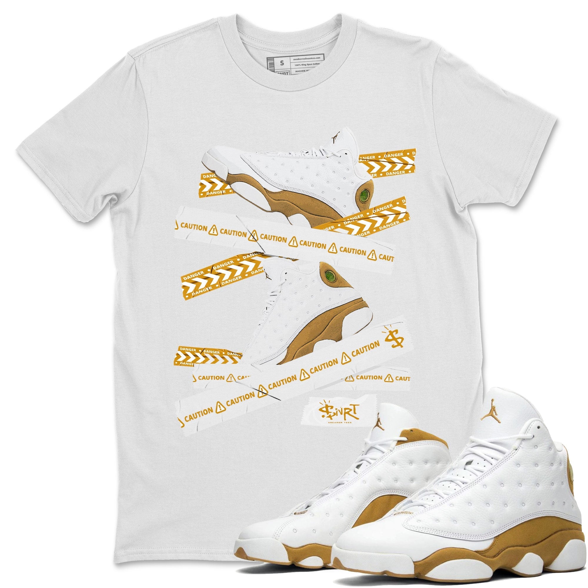 Air Jordan 13 Wheat shirt to match jordans Caution Tape Streetwear Sneaker Shirt 13 Wheat Drip Gear Zone Sneaker Matching Clothing Unisex White 1 T-Shirt