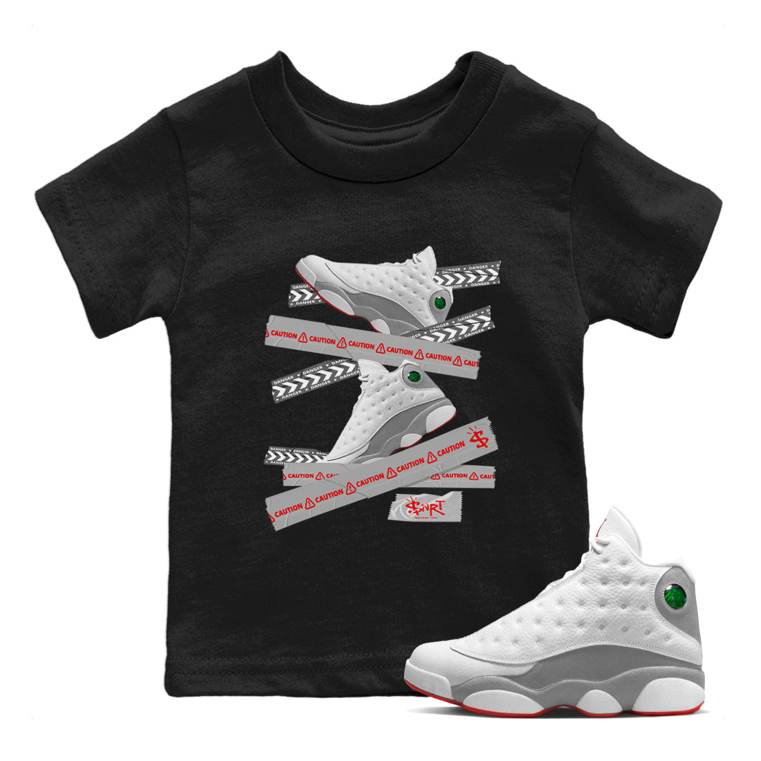 Air Jordan 13 Wolf Grey Sneaker Match Tees Caution Tape Sneaker Tees 13s Wolf Grey Sneaker Release Tees Kids Shirts Black 1
