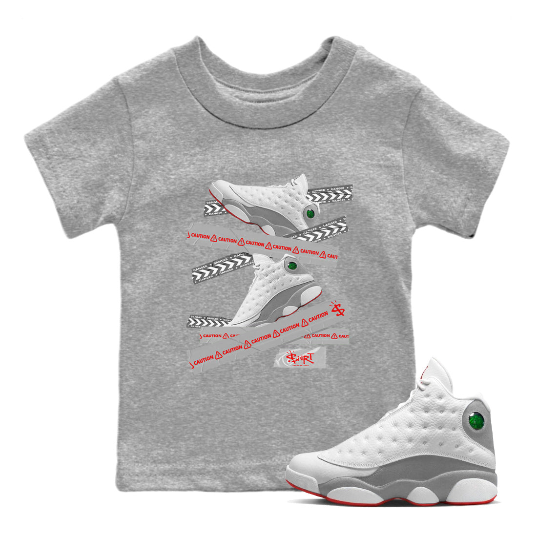 Air Jordan 13 Wolf Grey Sneaker Match Tees Caution Tape Sneaker Tees 13s Wolf Grey Sneaker Release Tees Kids Shirts Heather Grey 1