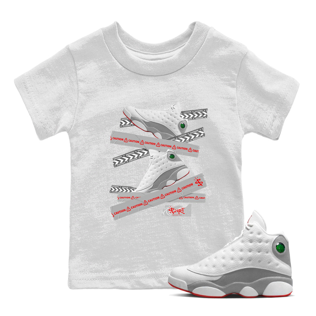Air Jordan 13 Wolf Grey Sneaker Match Tees Caution Tape Sneaker Tees 13s Wolf Grey Sneaker Release Tees Kids Shirts White 1