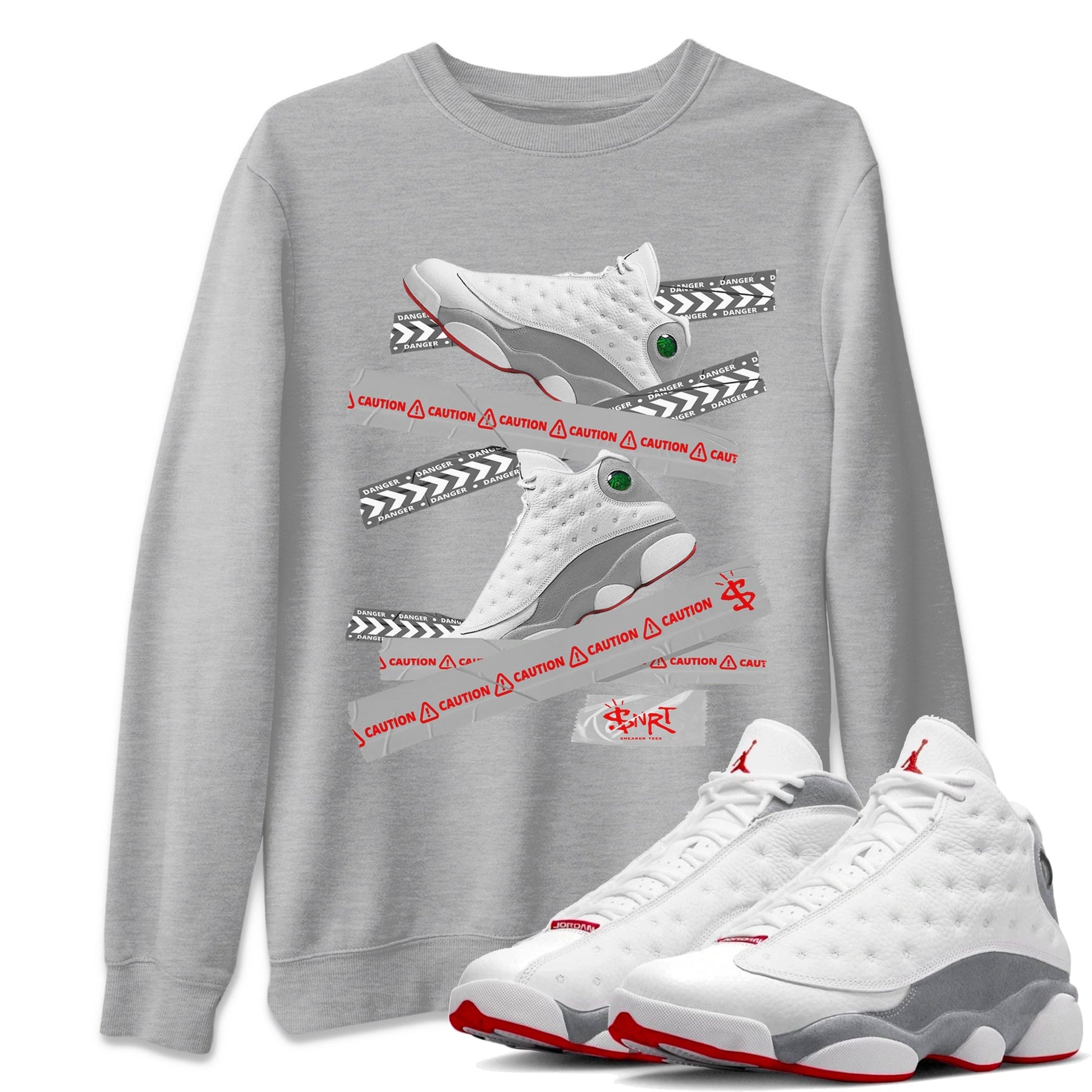 Air Jordan 13 Wolf Grey Sneaker Match Tees Caution Tape Sneaker Tees 13s Wolf Grey Sneaker Release Tees Unisex Shirts Heather Grey 1