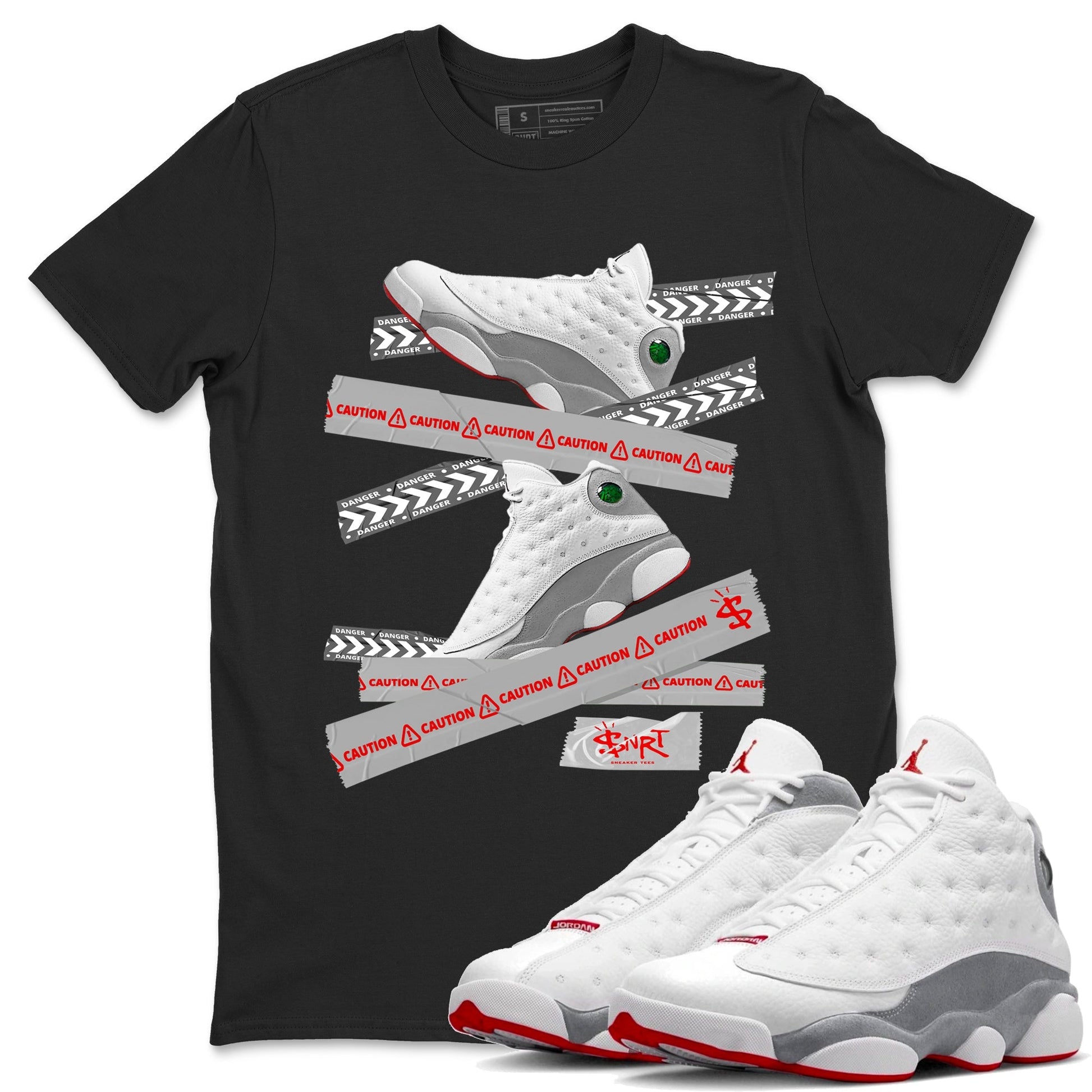 Air Jordan 13 Wolf Grey Sneaker Match Tees Caution Tape Sneaker Tees 13s Wolf Grey Sneaker Release Tees Unisex Shirts Black 1