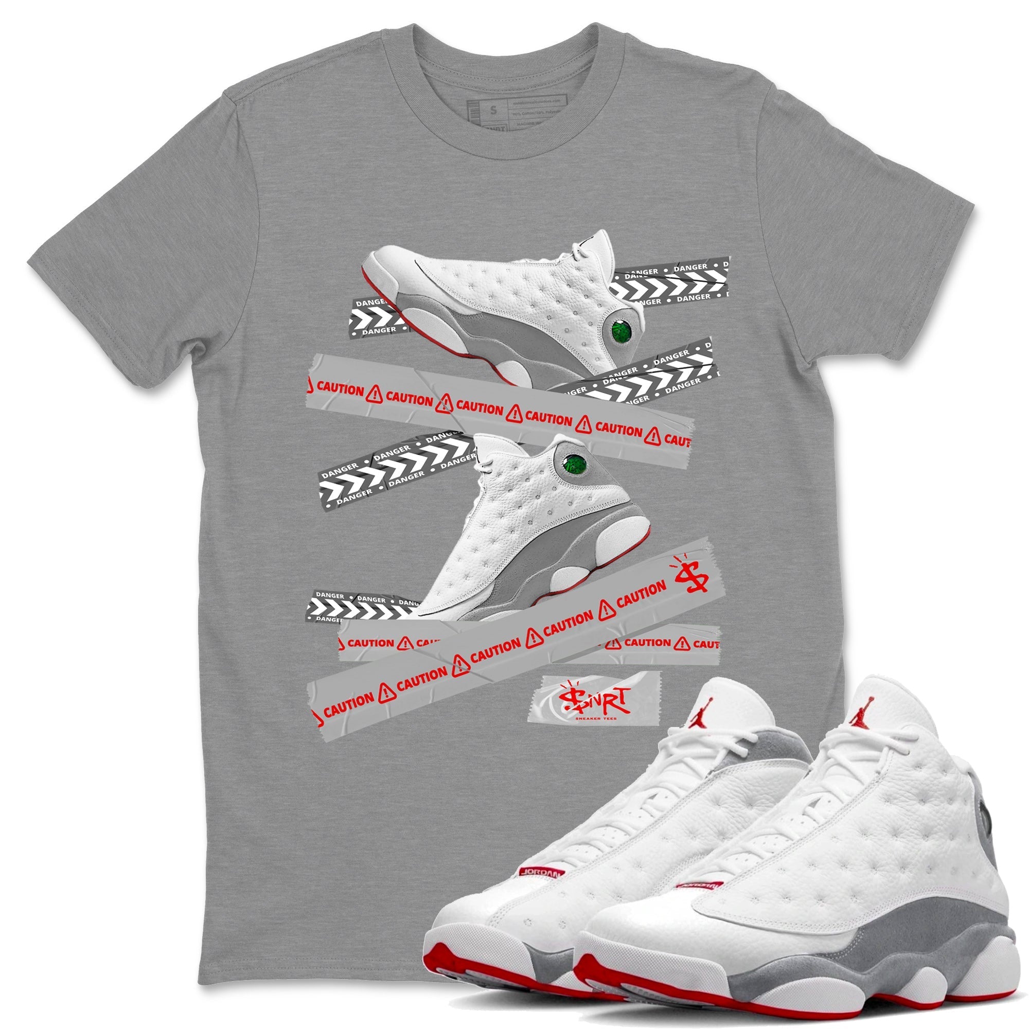 Air Jordan 13 Wolf Grey Sneaker Match Tees Caution Tape Sneaker Tees 13s Wolf Grey Sneaker Release Tees Unisex Shirts Heather Grey 1