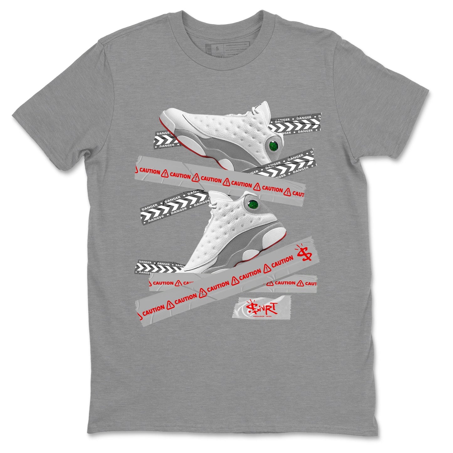 Air Jordan 13 Wolf Grey Sneaker Match Tees Caution Tape Sneaker Tees 13s Wolf Grey Sneaker Release Tees Unisex Shirts Heather Grey 2