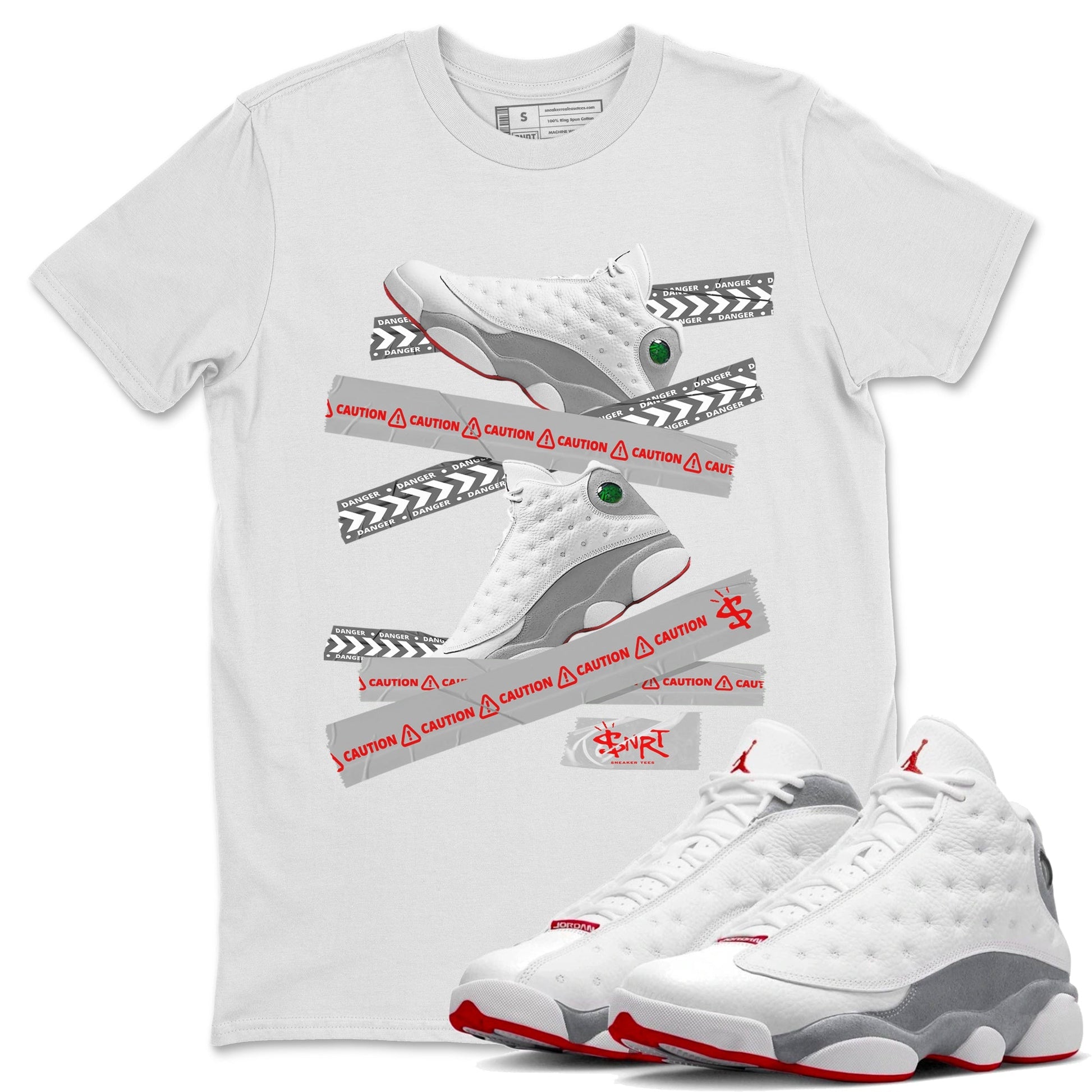 Air Jordan 13 Wolf Grey Sneaker Match Tees Caution Tape Sneaker Tees 13s Wolf Grey Sneaker Release Tees Unisex Shirts White 1