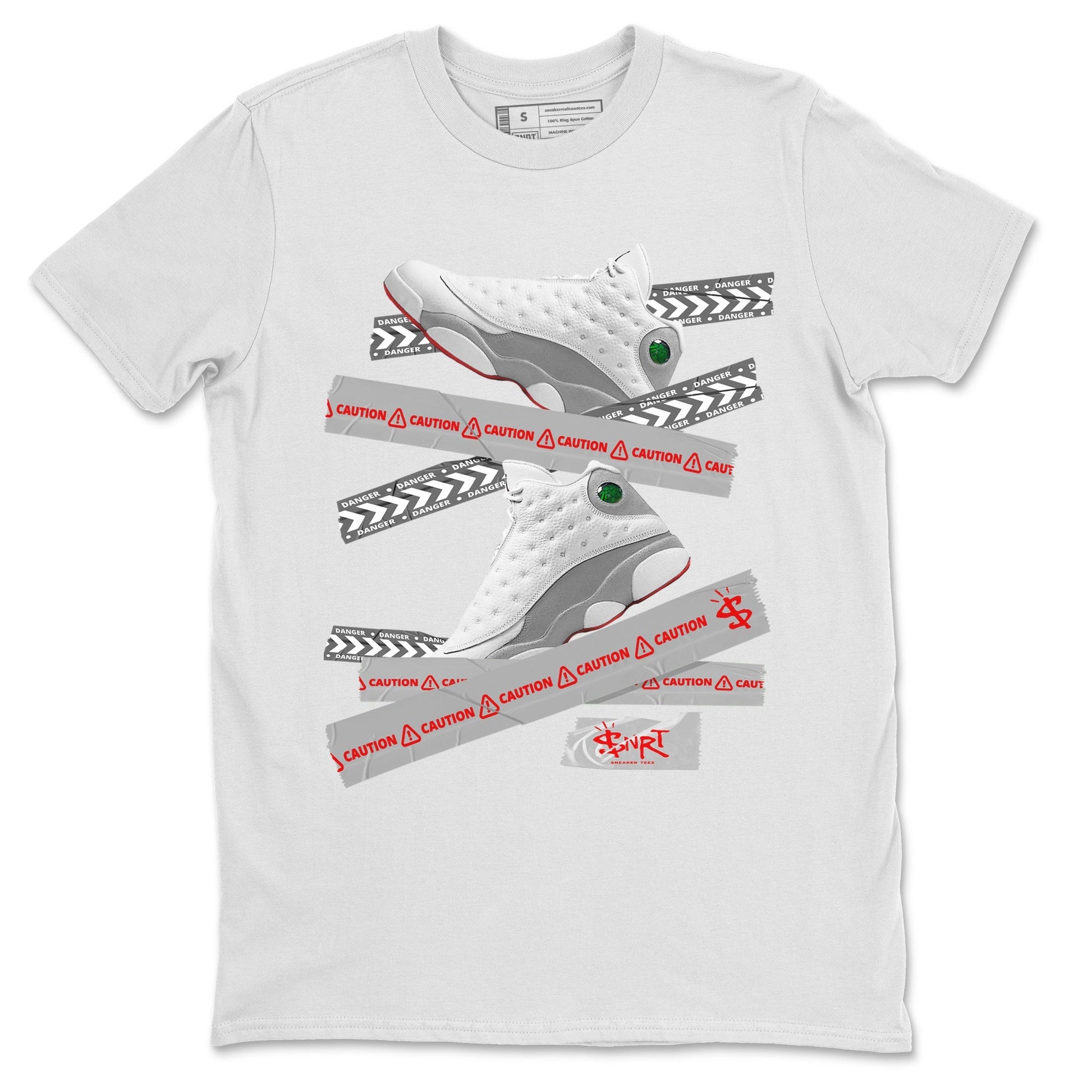 Air Jordan 13 Wolf Grey Sneaker Match Tees Caution Tape Sneaker Tees 13s Wolf Grey Sneaker Release Tees Unisex Shirts White 2