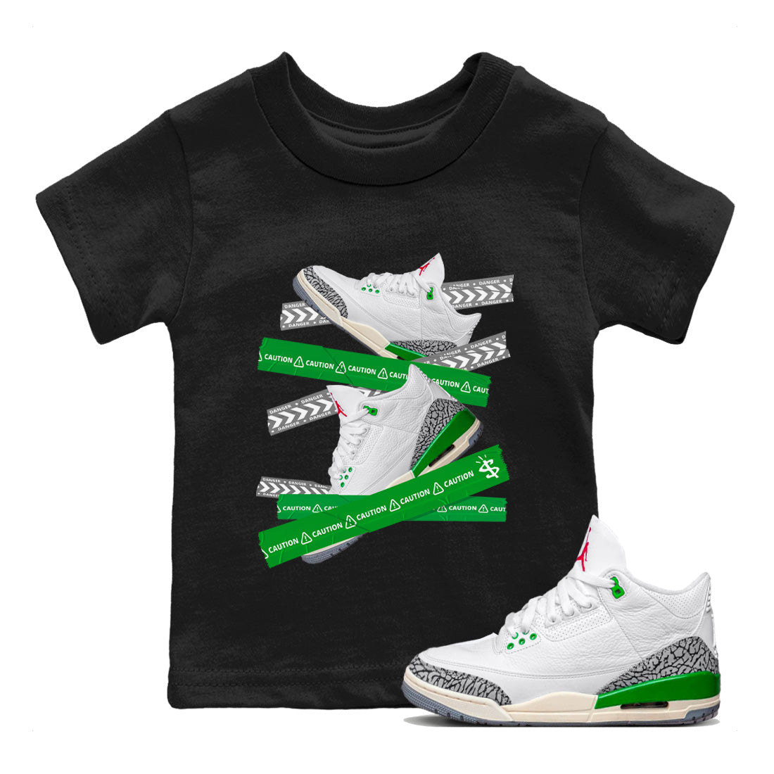 Jordan 3 Lucky Green Sneaker Matching T-Shirt Caution Tape Sneaker Tees Jordan 3 Lucky Green Sneaker Release Tees Kids Shirts