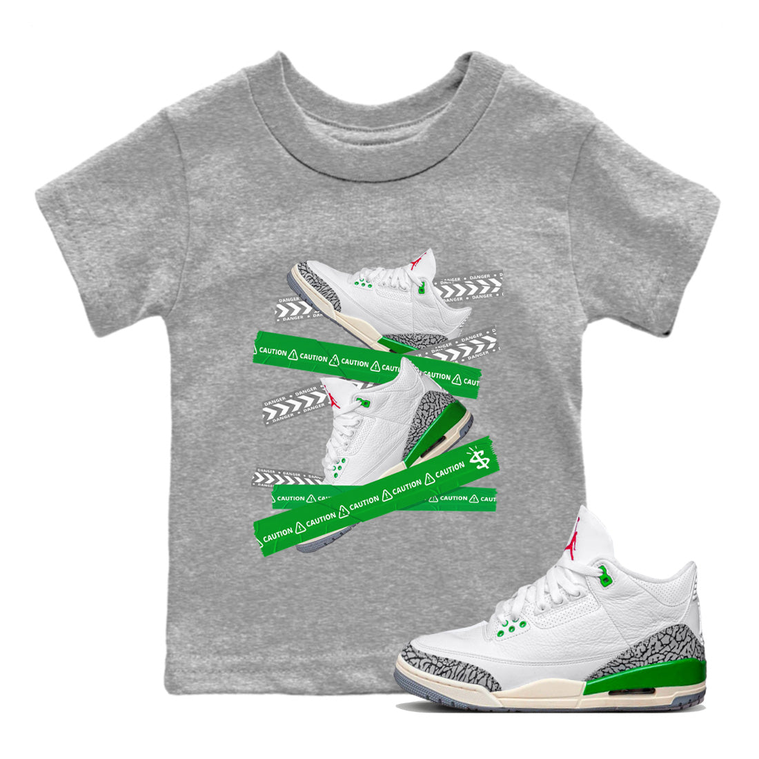 Jordan 3 Lucky Green Sneaker Matching T-Shirt Caution Tape Sneaker Tees Jordan 3 Lucky Green Sneaker Release Tees Kids Shirts