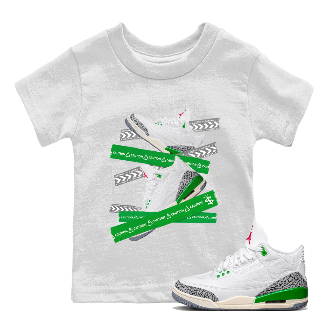 Jordan 3 Lucky Green Sneaker Matching T-Shirt Caution Tape Sneaker Tees Jordan 3 Lucky Green Sneaker Release Tees Kids Shirts