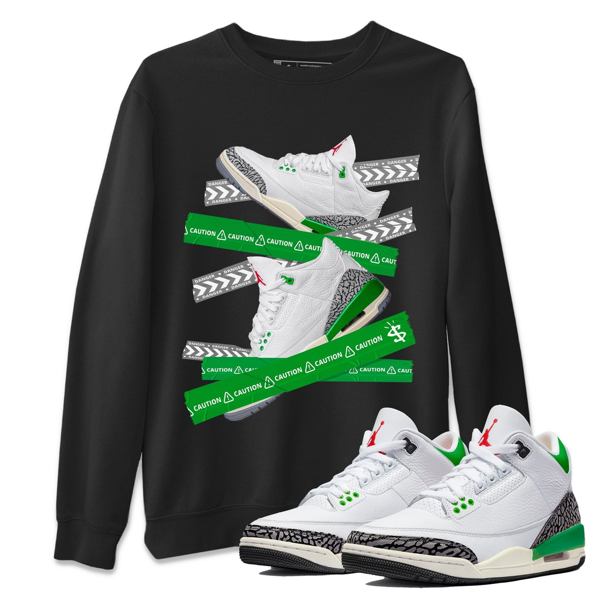 Jordan 3 Lucky Green Sneaker Matching T-Shirt Caution Tape Sneaker Tees Jordan 3 Lucky Green Sneaker Release Tees Crew Neck Tees