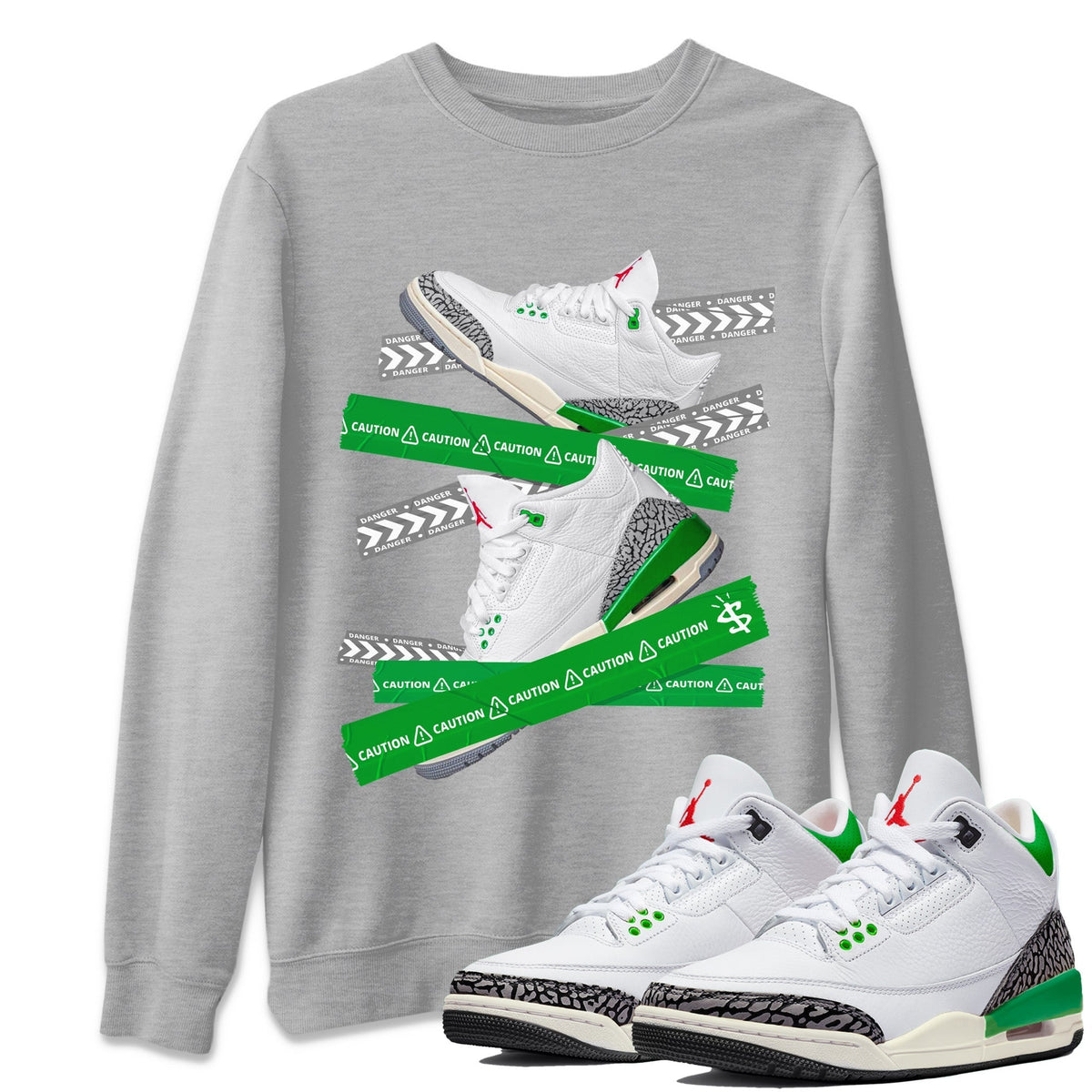 Jordan 3 Lucky Green Sneaker Matching T-Shirt Caution Tape Sneaker Tees Jordan 3 Lucky Green Sneaker Release Tees Crew Neck Tees