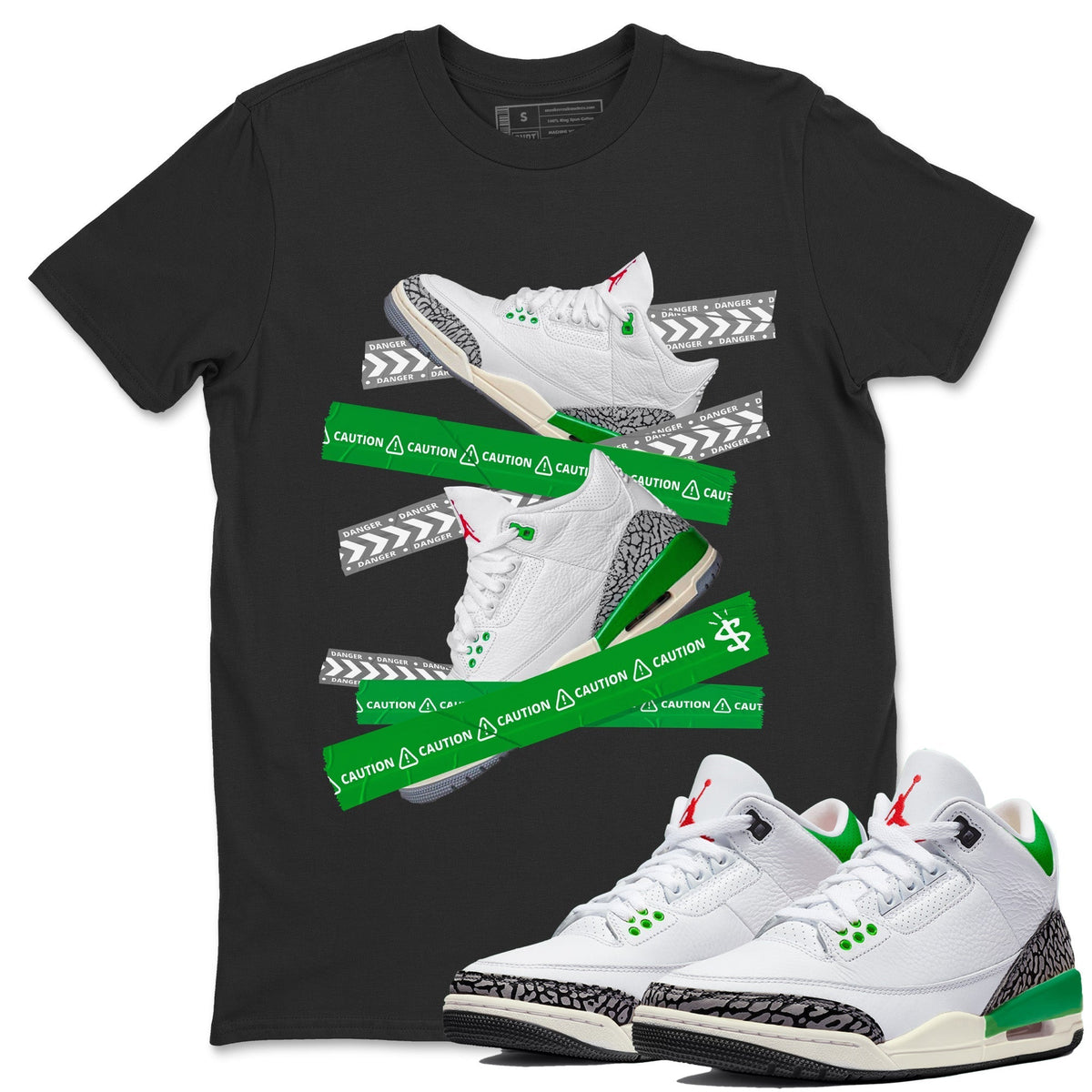 Jordan 3 Lucky Green Sneaker Matching T-Shirt Caution Tape Sneaker Tees Jordan 3 Lucky Green Sneaker Release Tees Crew Neck Tees