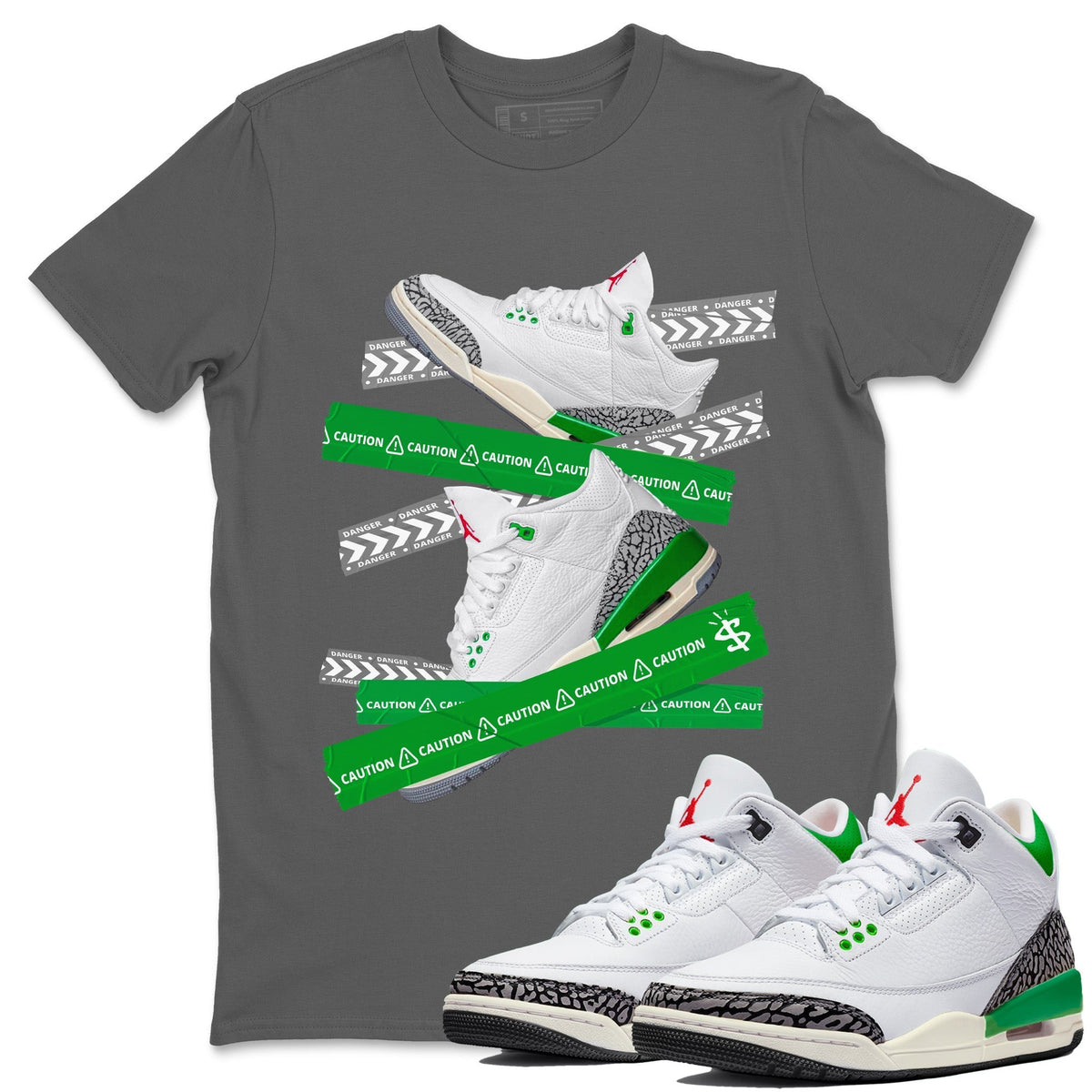 Jordan 3 Lucky Green Sneaker Matching T-Shirt Caution Tape Sneaker Tees Jordan 3 Lucky Green Sneaker Release Tees Crew Neck Tees