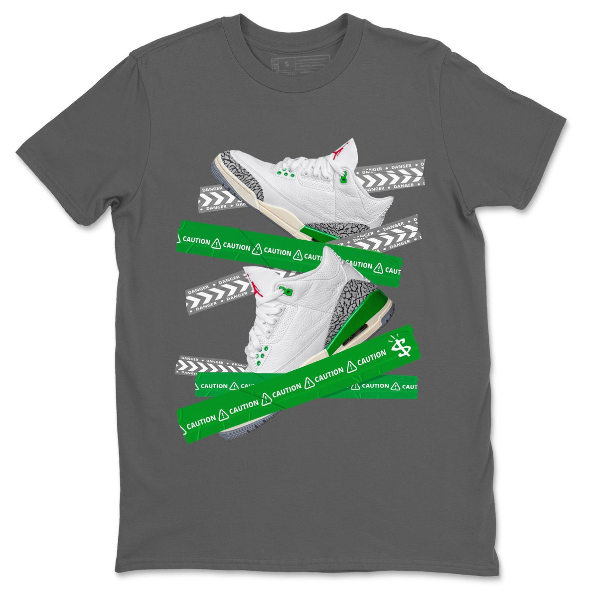 Jordan 3 Lucky Green Sneaker Matching T-Shirt Caution Tape Sneaker Tees Jordan 3 Lucky Green Sneaker Release Tees Crew Neck Tees