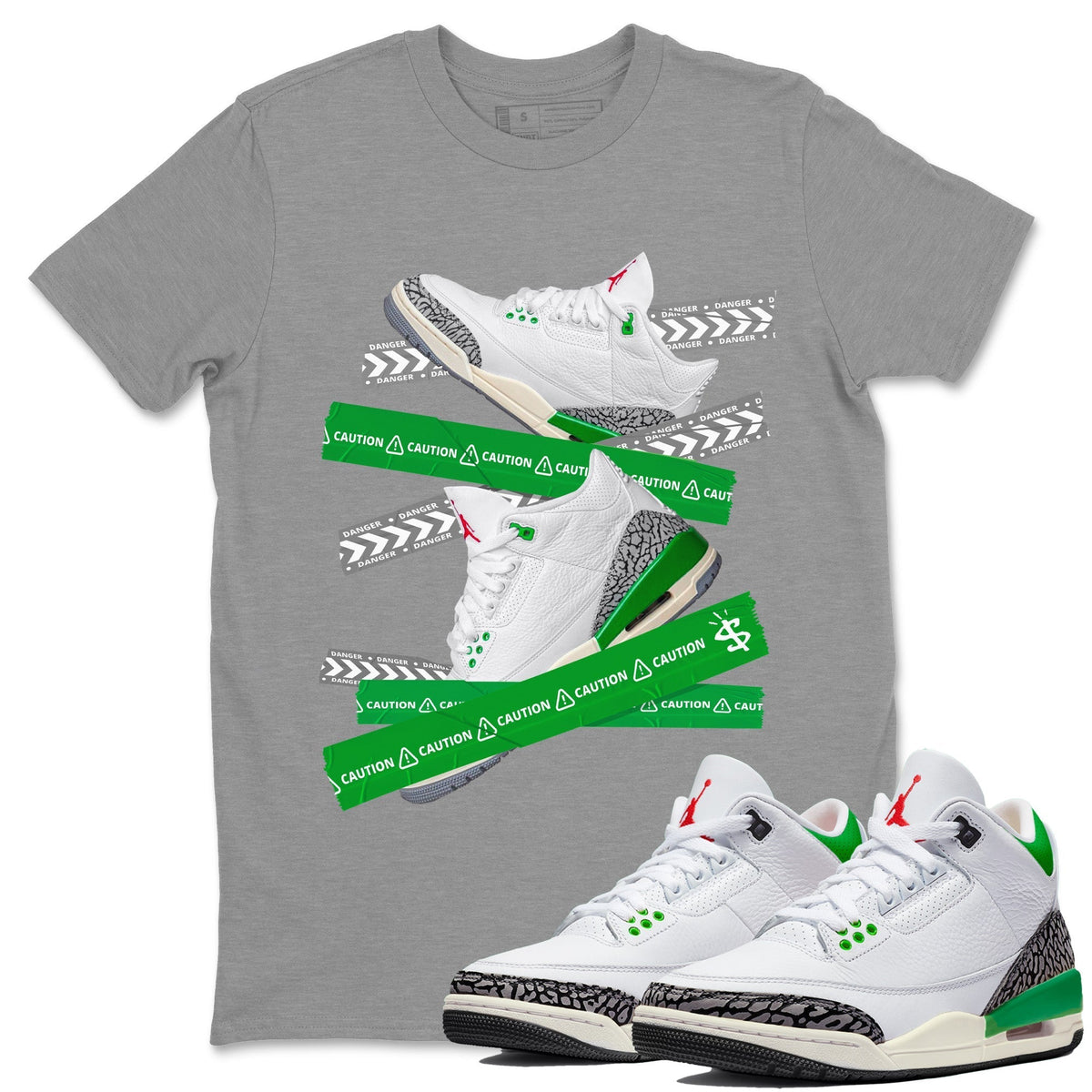 Jordan 3 Lucky Green Sneaker Matching T-Shirt Caution Tape Sneaker Tees Jordan 3 Lucky Green Sneaker Release Tees Crew Neck Tees