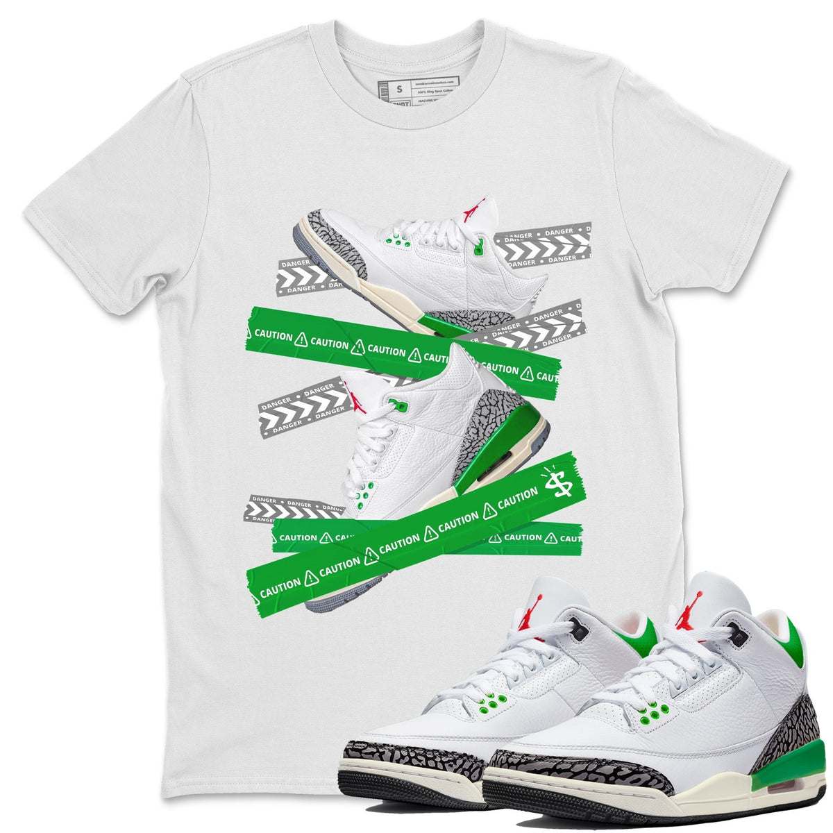 Jordan 3 Lucky Green Sneaker Matching T-Shirt Caution Tape Sneaker Tees Jordan 3 Lucky Green Sneaker Release Tees Crew Neck Tees