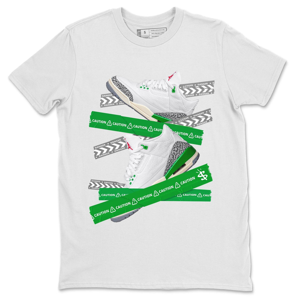 Jordan 3 Lucky Green Sneaker Matching T-Shirt Caution Tape Sneaker Tees Jordan 3 Lucky Green Sneaker Release Tees Crew Neck Tees