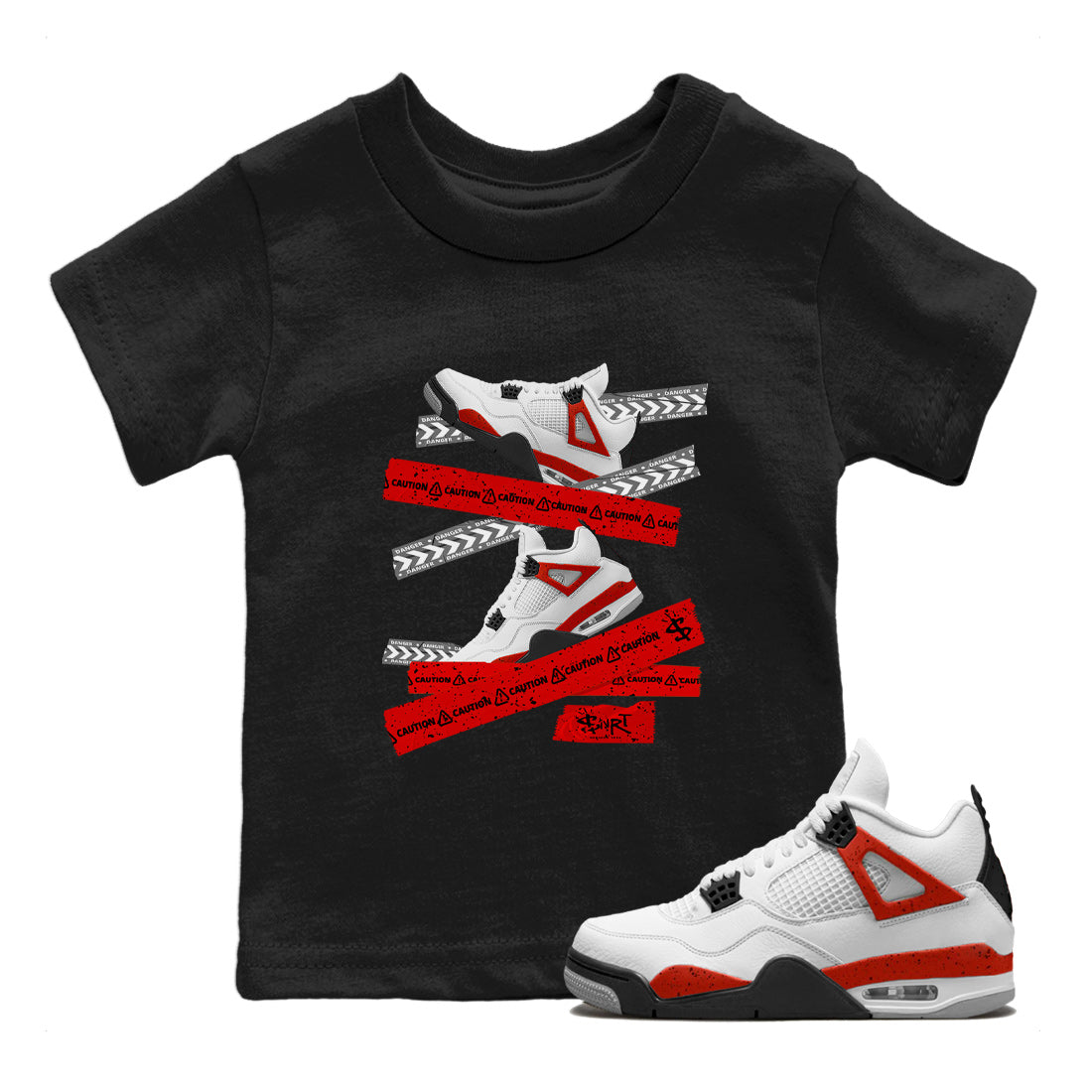 Jordan 4 Red Cement Tees Outfits Caution Tape Streetwear Sneaker Shirt Air Jordan 4 Red Cement Sneaker Release Tees Kids Shirts Black 1