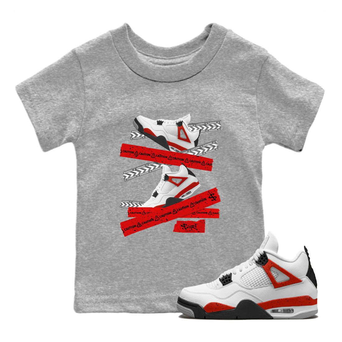 Jordan 4 Red Cement Tees Outfits Caution Tape Streetwear Sneaker Shirt Air Jordan 4 Red Cement Sneaker Release Tees Kids Shirts Heather Grey 1