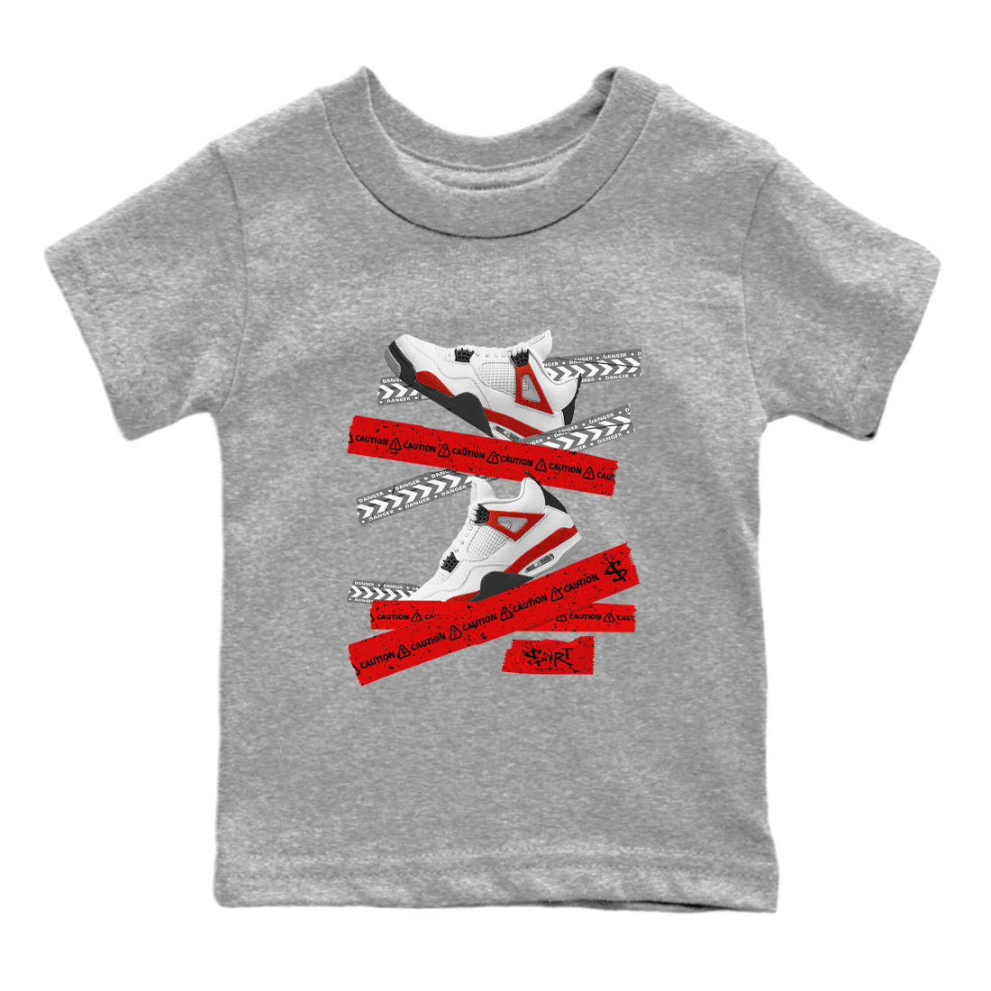 Jordan 4 Red Cement Tees Outfits Caution Tape Streetwear Sneaker Shirt Air Jordan 4 Red Cement Sneaker Release Tees Kids Shirts Heather Grey 2