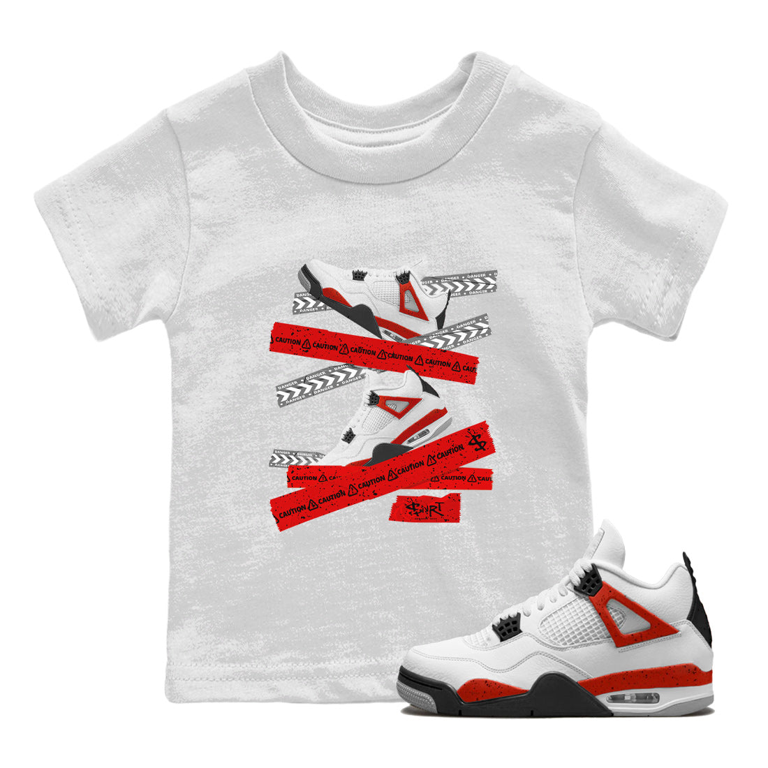 Jordan 4 Red Cement Tees Outfits Caution Tape Streetwear Sneaker Shirt Air Jordan 4 Red Cement Sneaker Release Tees Kids Shirts White 1