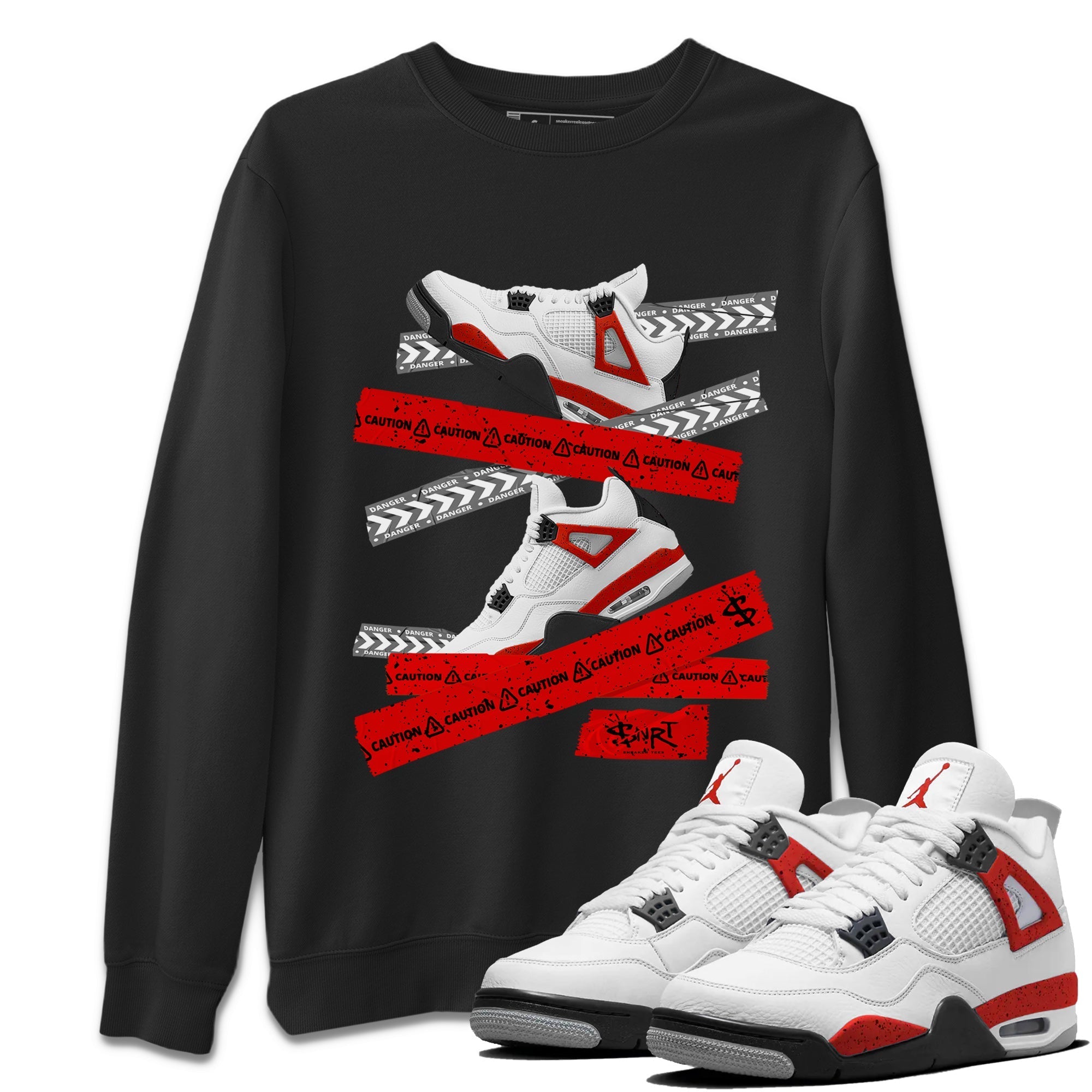 Jordan 4 Red Cement Tees Outfits Caution Tape Streetwear Sneaker Shirt Air Jordan 4 Red Cement Sneaker Release Tees Unisex Shirts Black 1