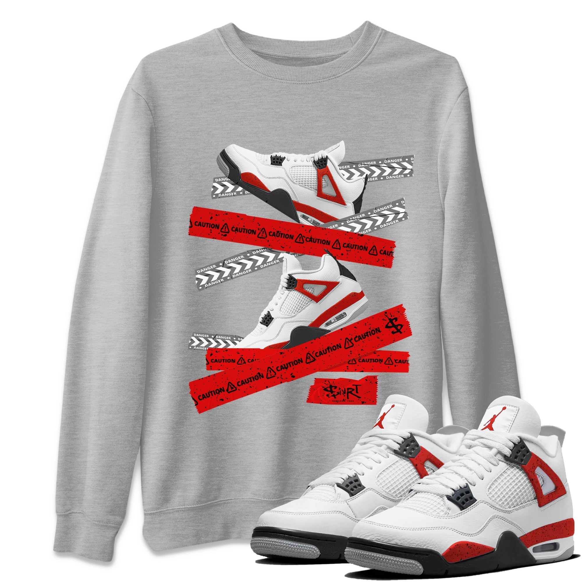 Jordan 4 Red Cement Tees Outfits Caution Tape Streetwear Sneaker Shirt Air Jordan 4 Red Cement Sneaker Release Tees Unisex Shirts Heather Grey 1