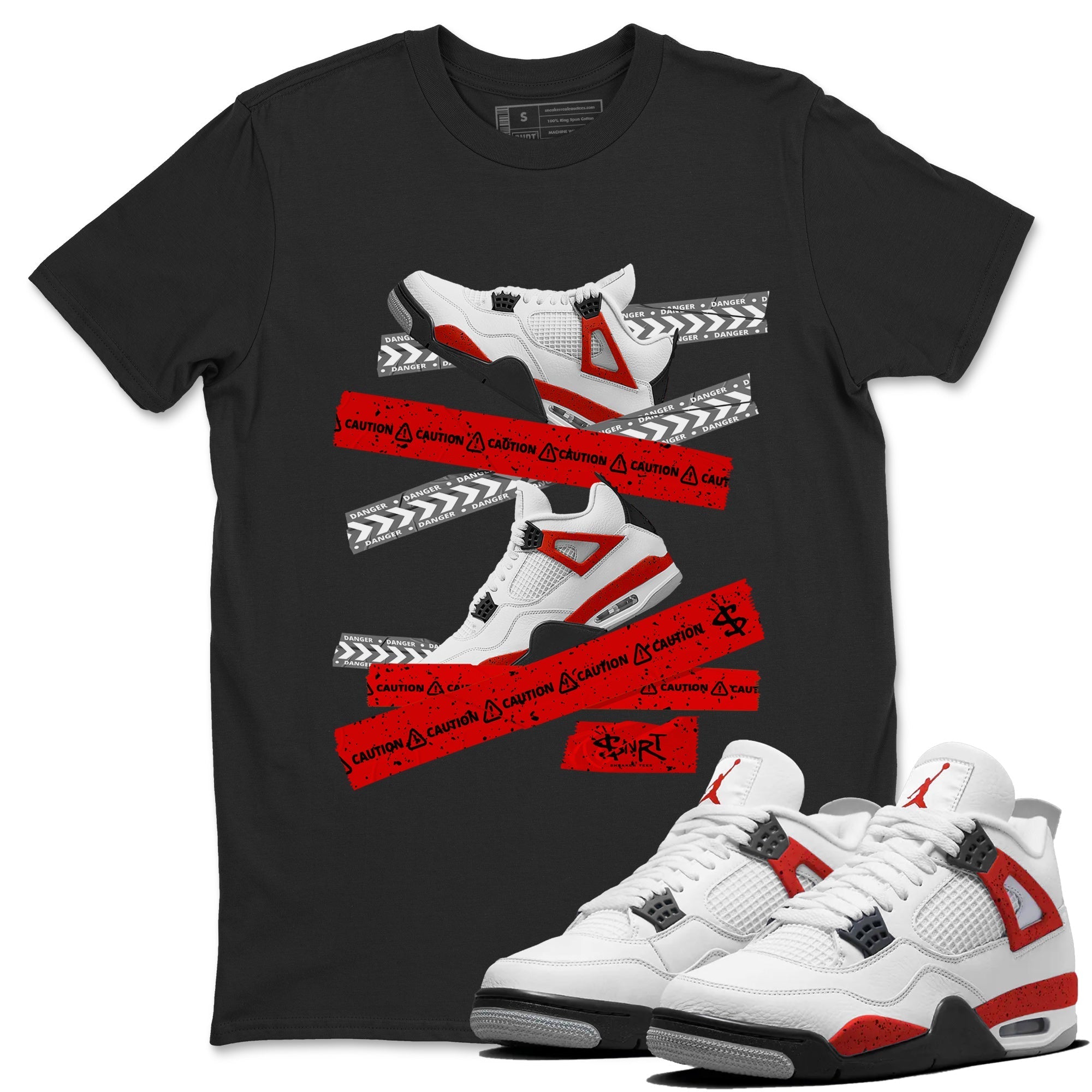 Jordan 4 Red Cement Tees Outfits Caution Tape Streetwear Sneaker Shirt Air Jordan 4 Red Cement Sneaker Release Tees Unisex Shirts Black 1