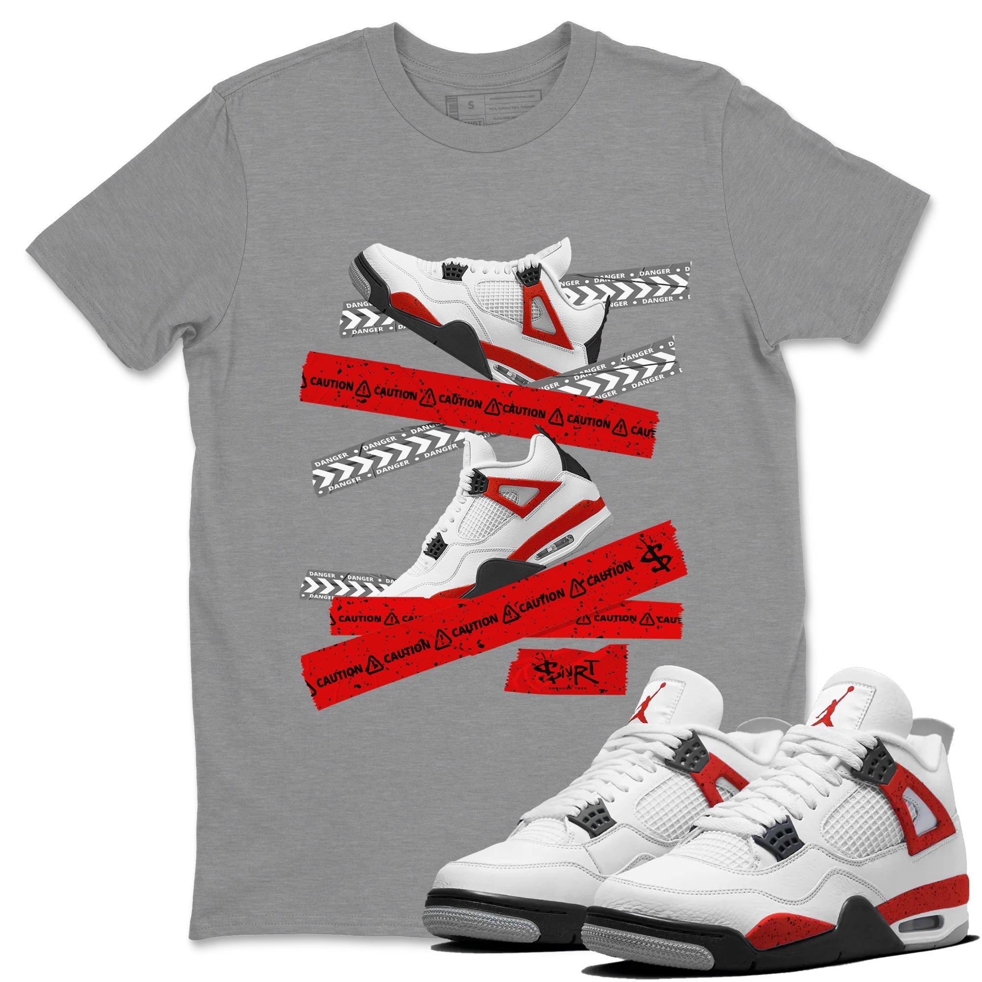 Jordan 4 Red Cement Tees Outfits Caution Tape Streetwear Sneaker Shirt Air Jordan 4 Red Cement Sneaker Release Tees Unisex Shirts Heather Grey 1