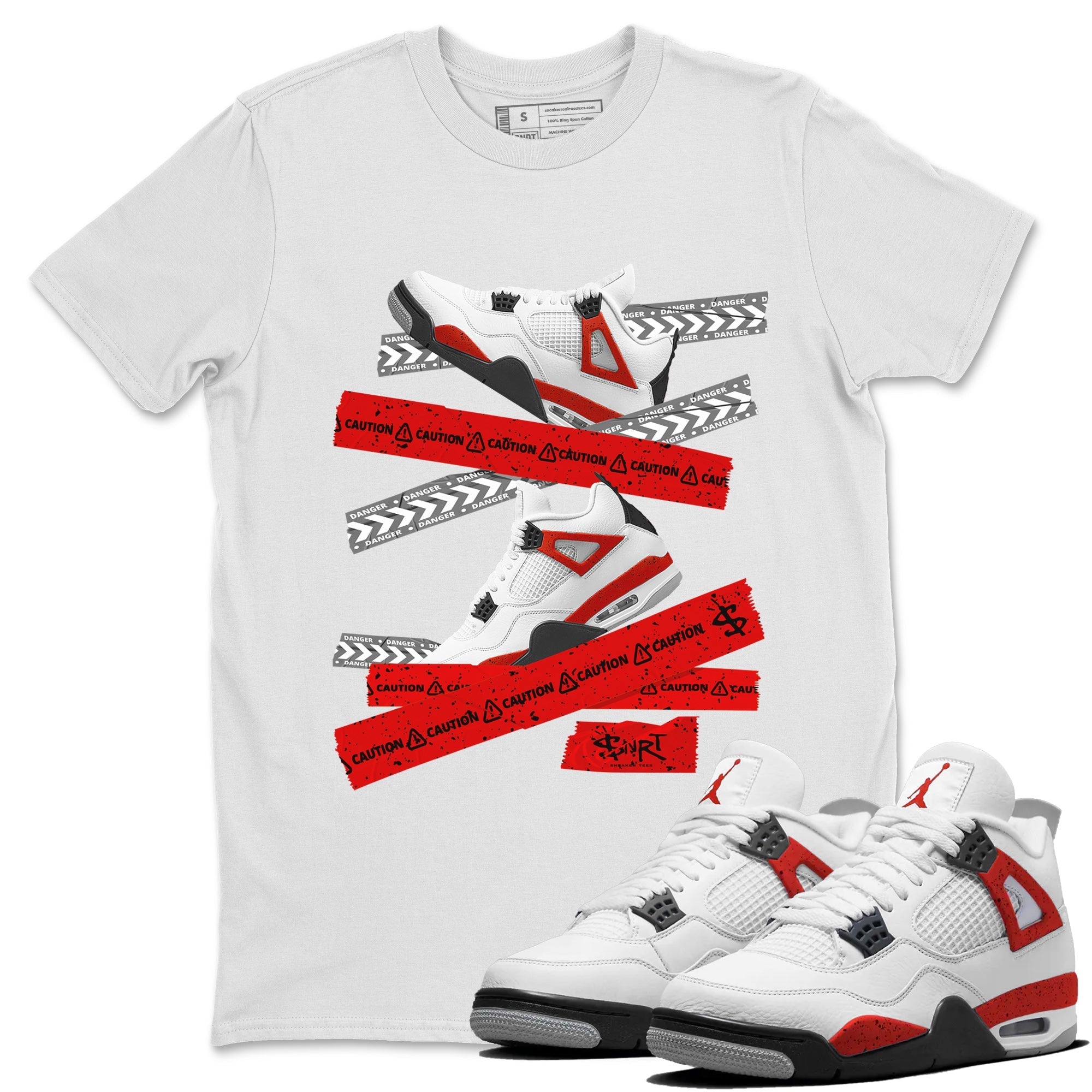Jordan 4 Red Cement Tees Outfits Caution Tape Streetwear Sneaker Shirt Air Jordan 4 Red Cement Sneaker Release Tees Unisex Shirts White 1