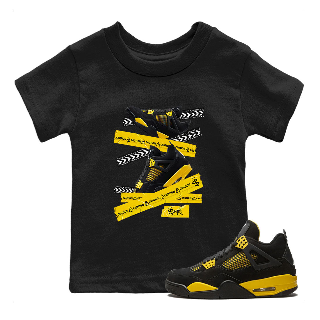 Air Jordan 4 Thunder Sneaker Match Tees Caution Tape Streetwear Sneaker Shirt Air Jordan 4 Retro Thunder Tee Kids Shirts Black 1