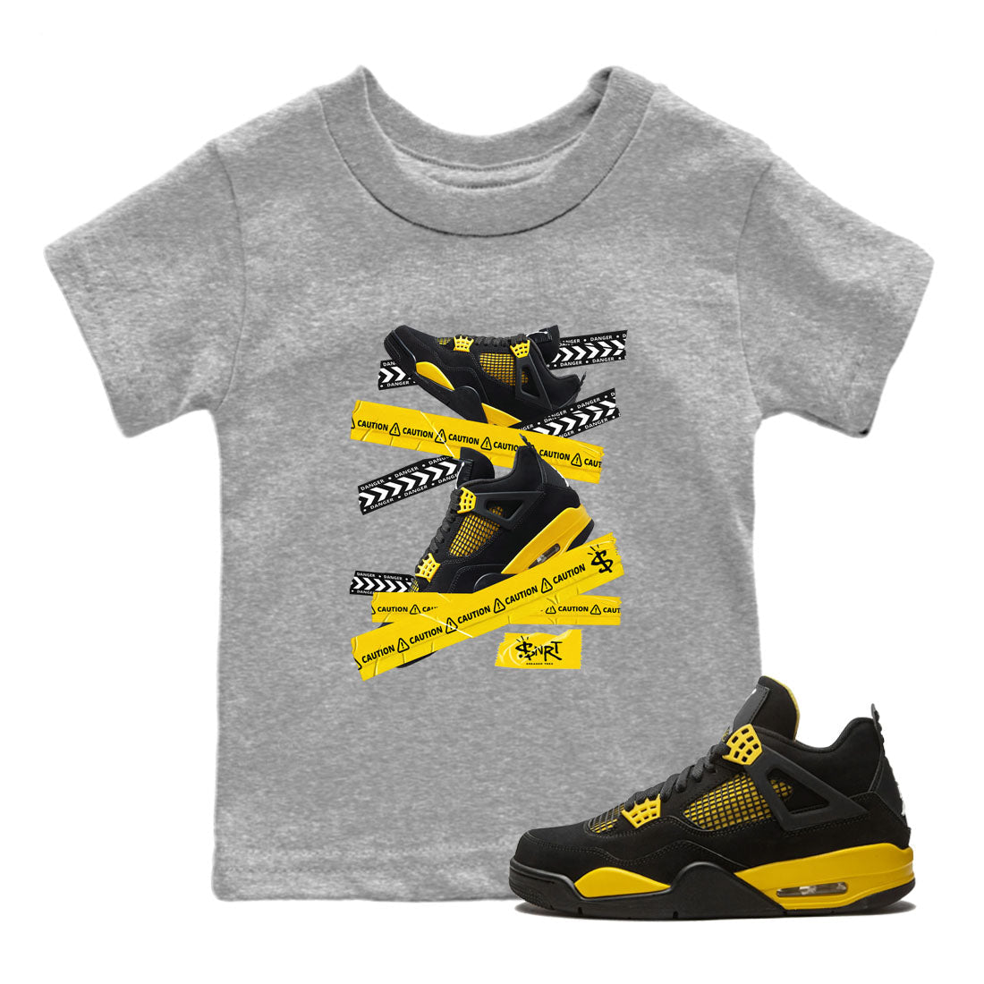 Air Jordan 4 Thunder Sneaker Match Tees Caution Tape Streetwear Sneaker Shirt Air Jordan 4 Retro Thunder Tee Kids Shirts Heather Grey 1