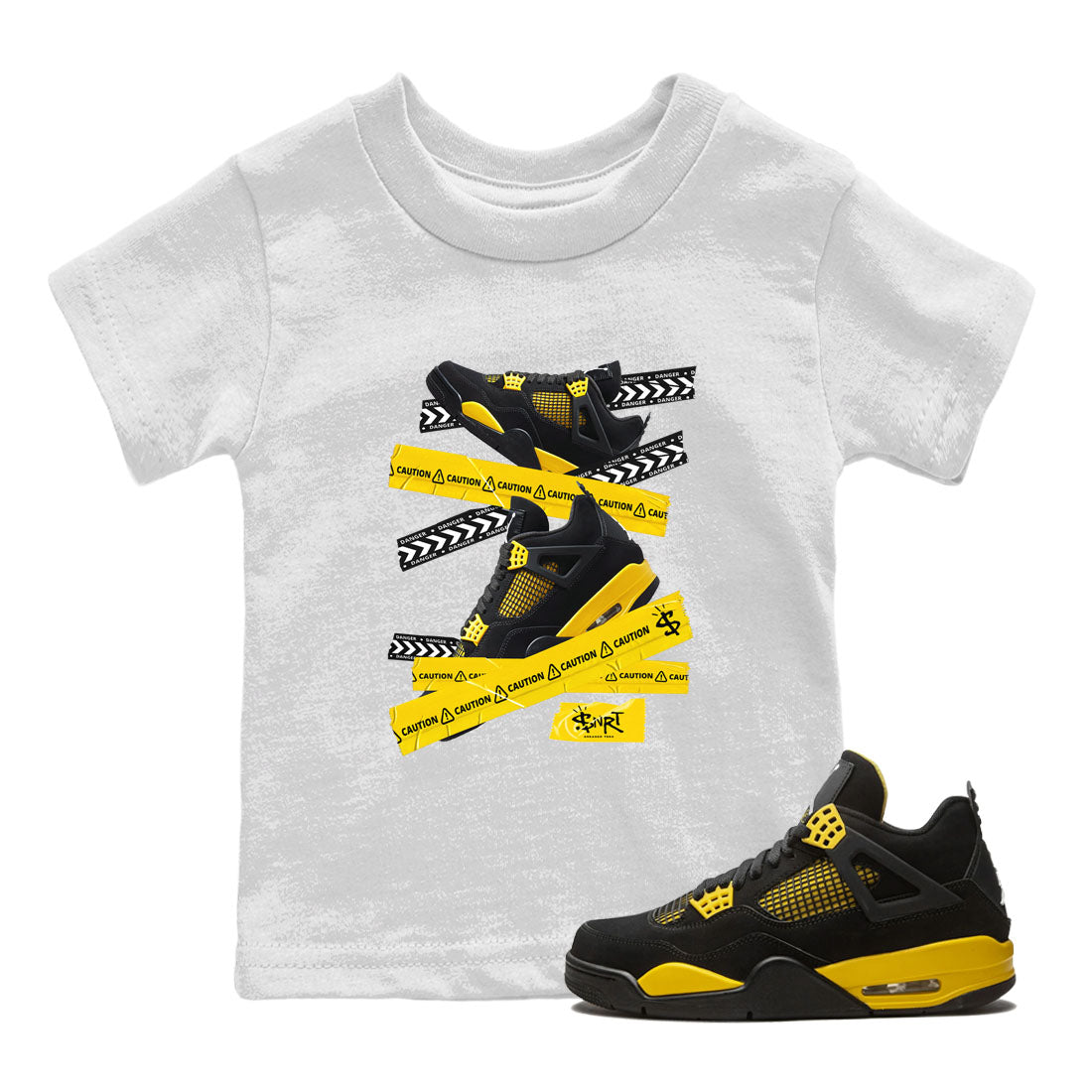 Air Jordan 4 Thunder Sneaker Match Tees Caution Tape Streetwear Sneaker Shirt Air Jordan 4 Retro Thunder Tee Kids Shirts White 1