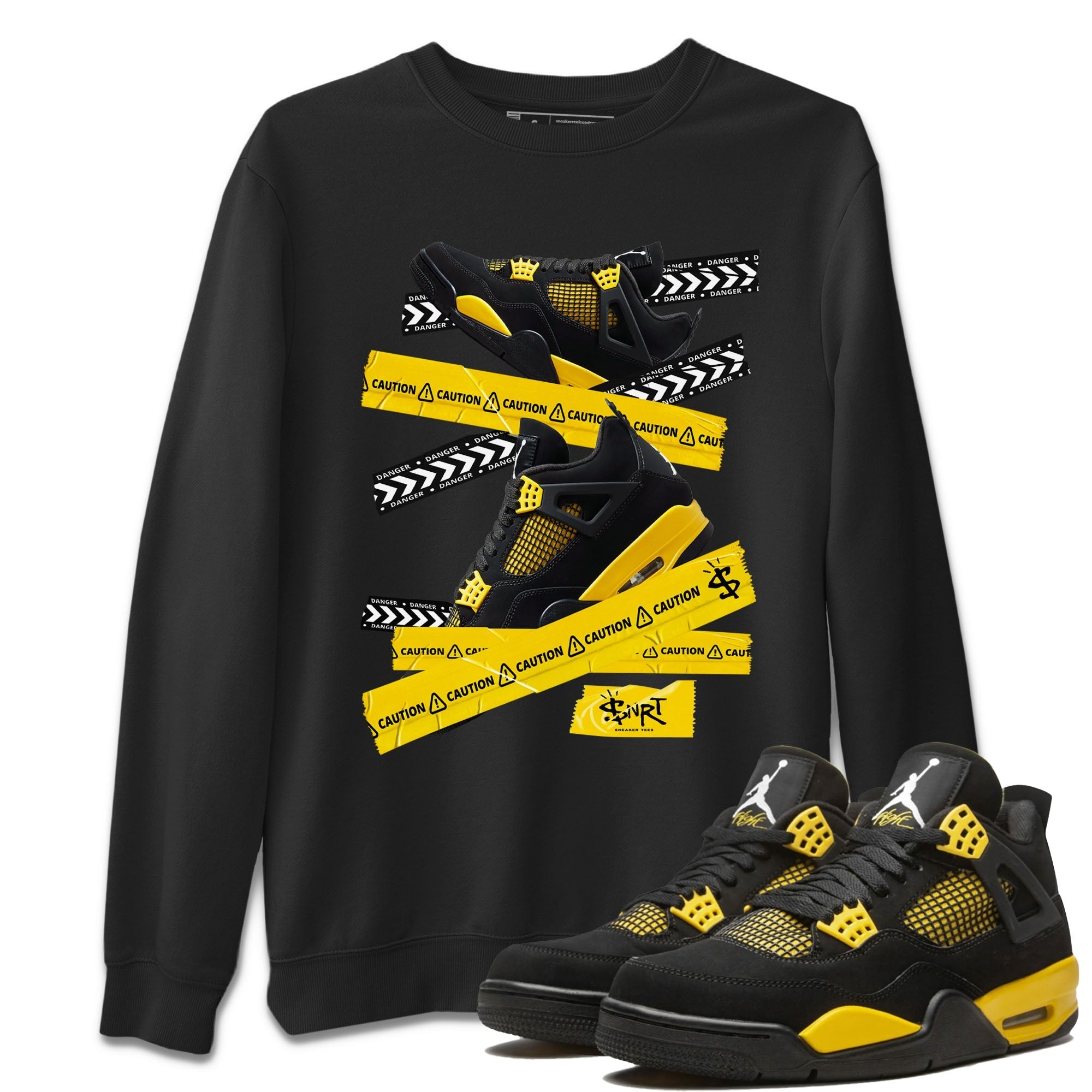 Air Jordan 4 Thunder Sneaker Match Tees Caution Tape Streetwear Sneaker Shirt Air Jordan 4 Retro Thunder Tee Unisex Shirts Black 1