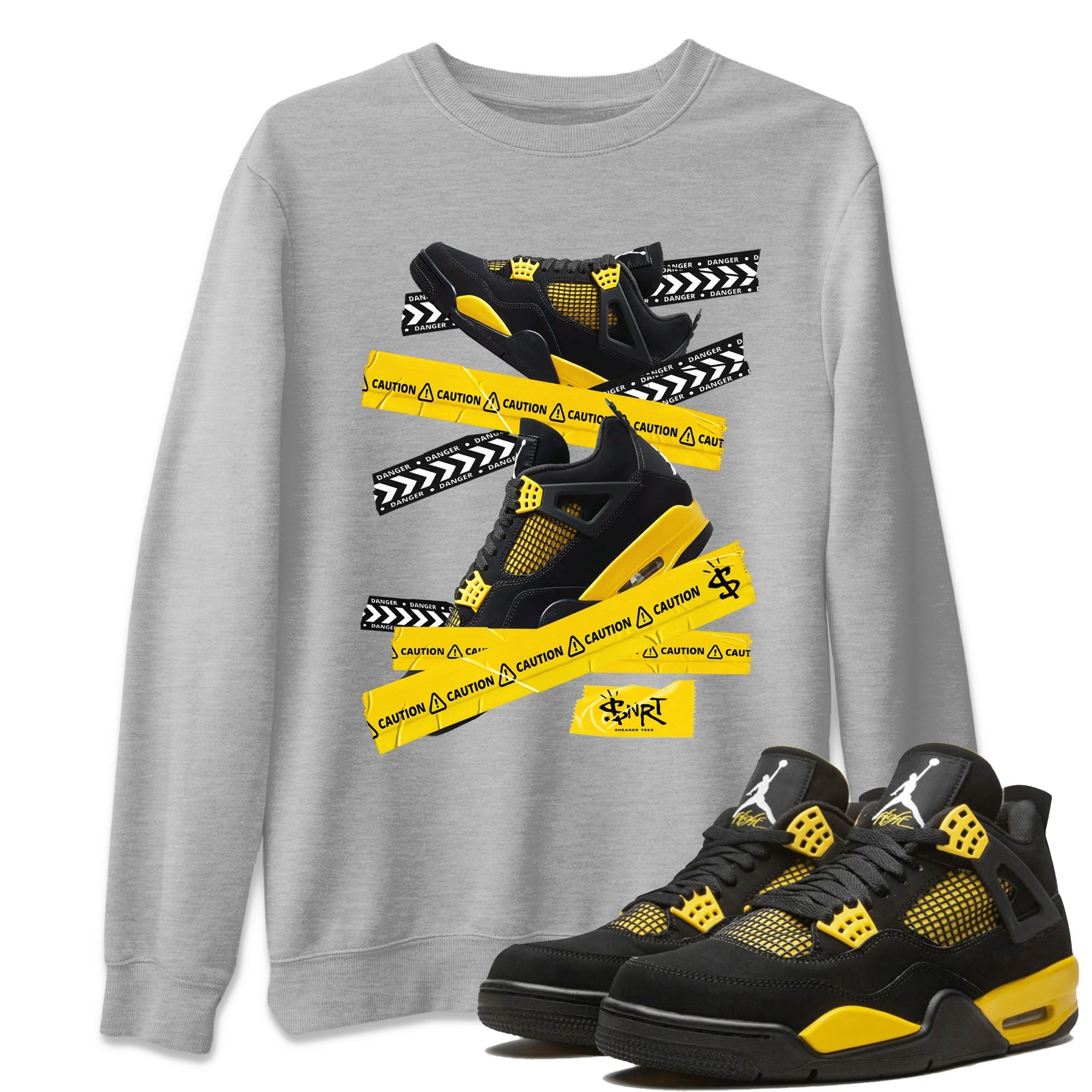 Air Jordan 4 Thunder Sneaker Match Tees Caution Tape Streetwear Sneaker Shirt Air Jordan 4 Retro Thunder Tee Unisex Shirts Heather Grey 1